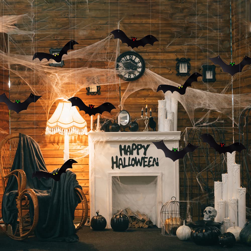 DTYDECLE 12PCS Halloween Hanging Bats, Halloween Flying Bat Hanging Decorations with Glowing Eyes for halloween Decor Outdoor Yard Party Decoration Supplies