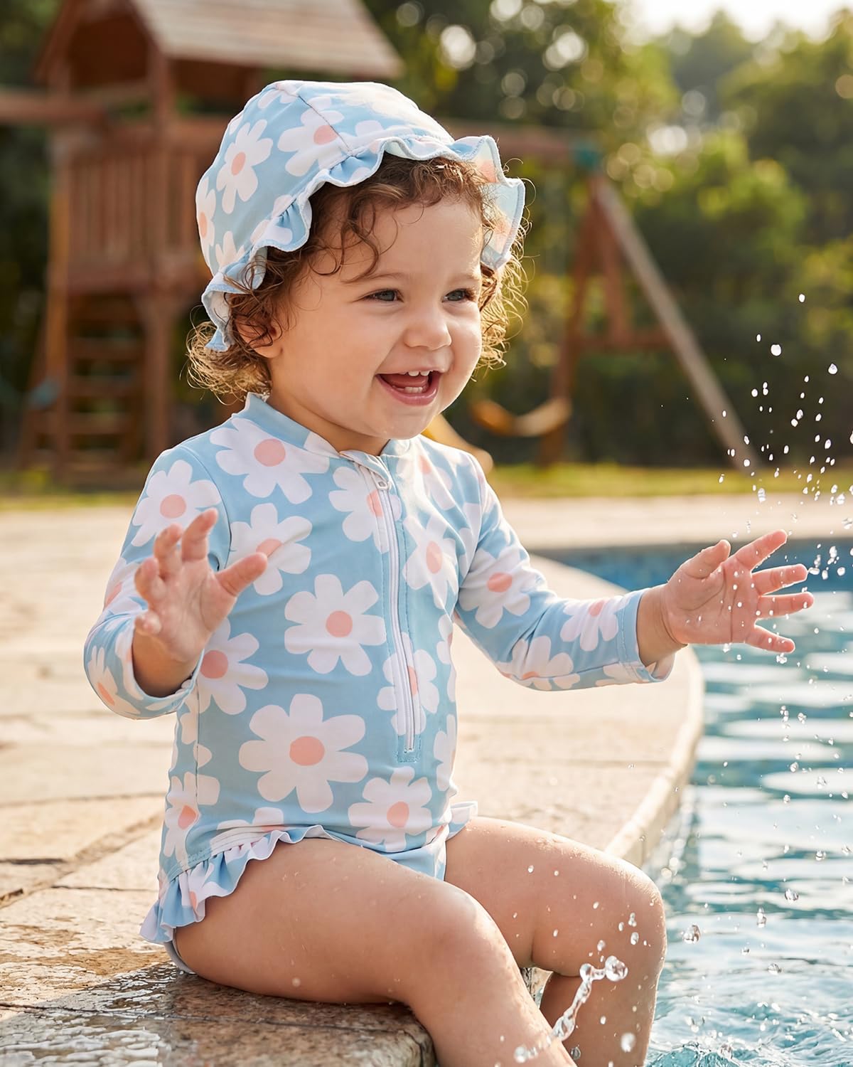 DivingBirds Baby Girls Swimming Costume, Toddler Girls Swimsuit with Sun Hat Infant Swimwear Blue for 18-24 Months
