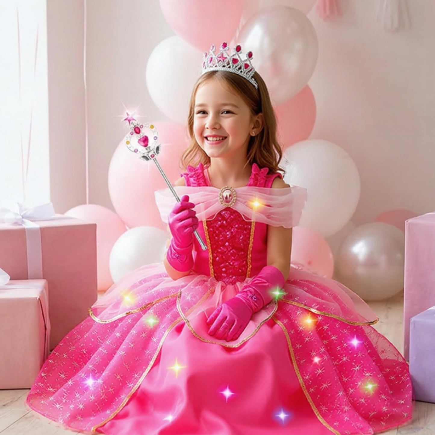 MELAND Princess Costumes for Girls, Sleeping Light Up Princess Dress Up for Girls Age 3-10 Years, Rose Pink Fancy Dress for Kids & Toddlers Birthday Party Costumes (M)