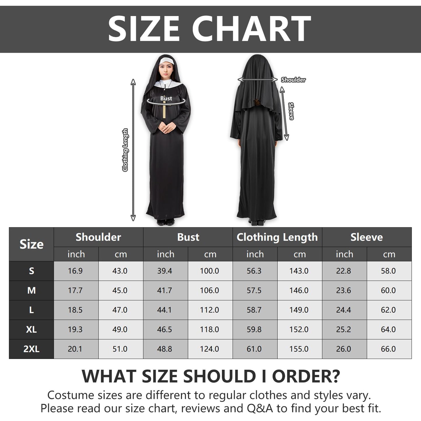 Alaiyaky Nun Outfit for Adult, Priest Costume Suit, Vicar Outfit, Monk Costume With White Collar Cross Necklace, Halloween Fancy Dress for Men Women (Female, XXL)