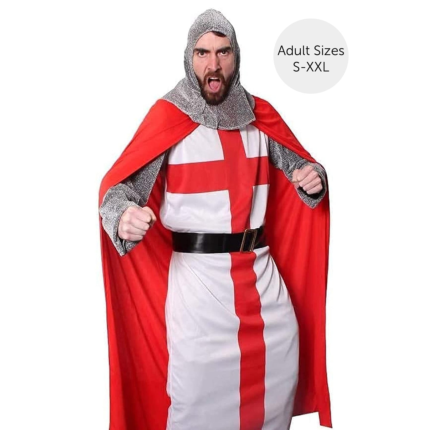 I LOVE FANCY DRESS Adults Knight Costume - XLarge - English Flag Tunic With Black Belt, Red Cape, Chain Mail Armour Headpiece - Perfect for Sporting Events, English Celebrations