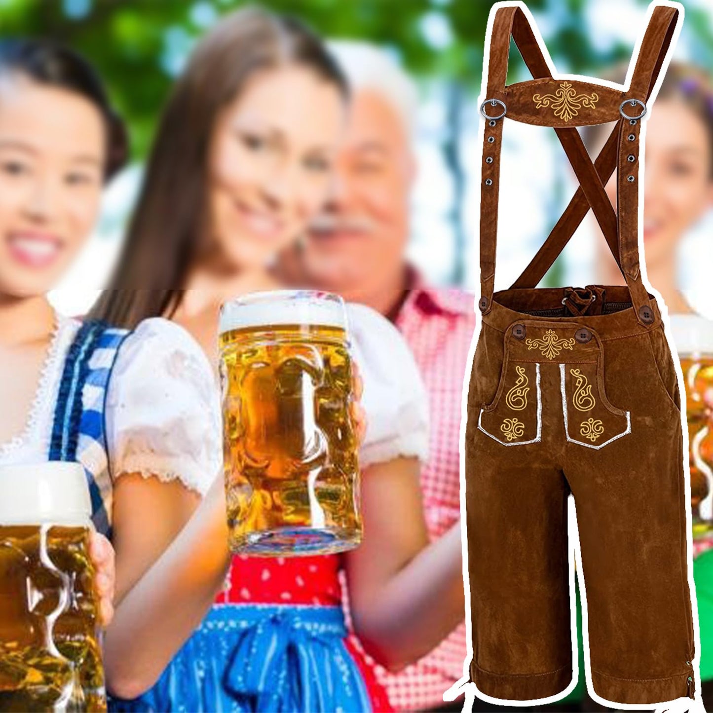 Adisno Lederhosen Men,Oktoberfest Outfit Mens,October Festival Costume Mens,Men Lederhosen, Bavarian Man Costume Pants, Brown, Embroidered - Size XL
