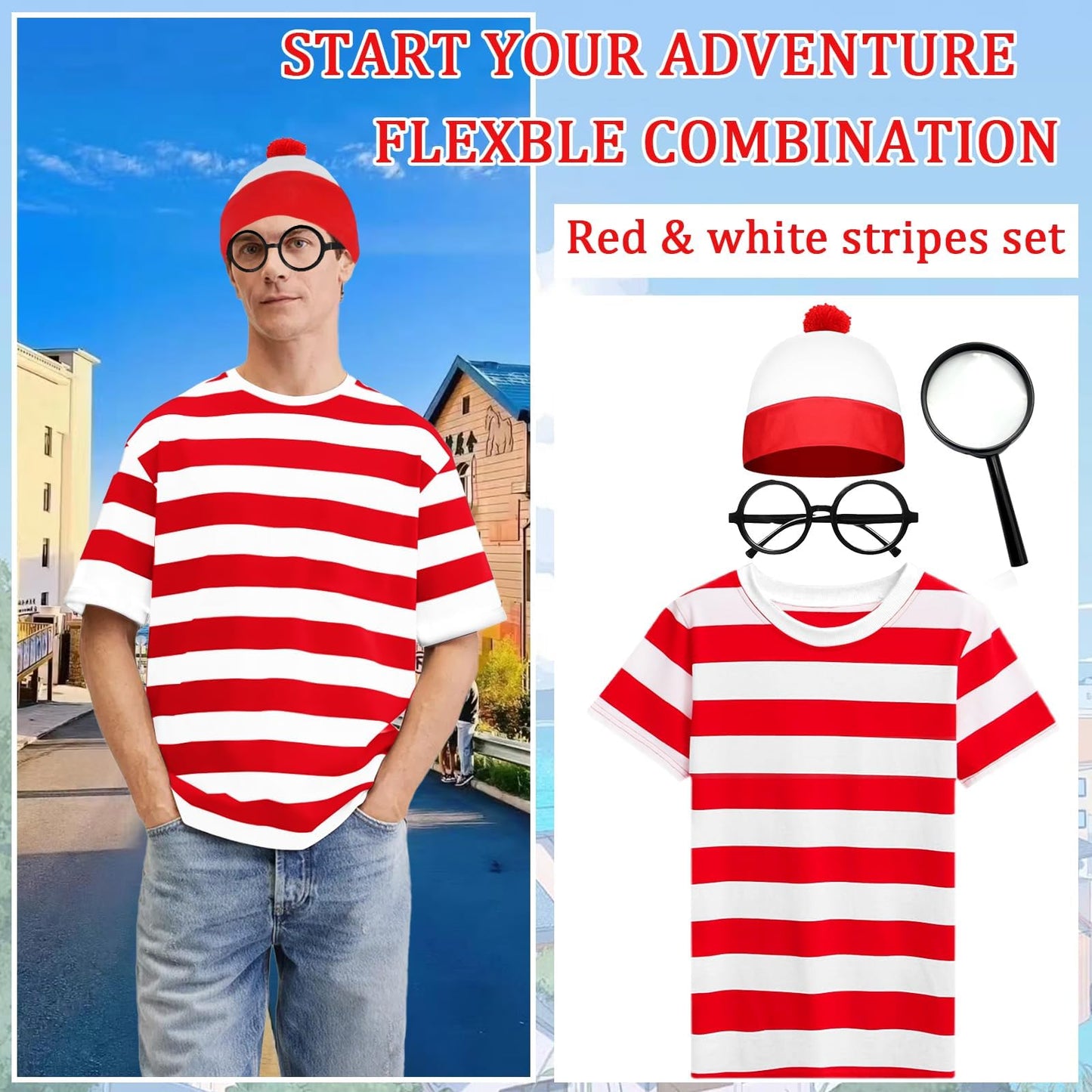 Wally Costume Set for Adults - Unisex Red and White Striped Short (image 6)