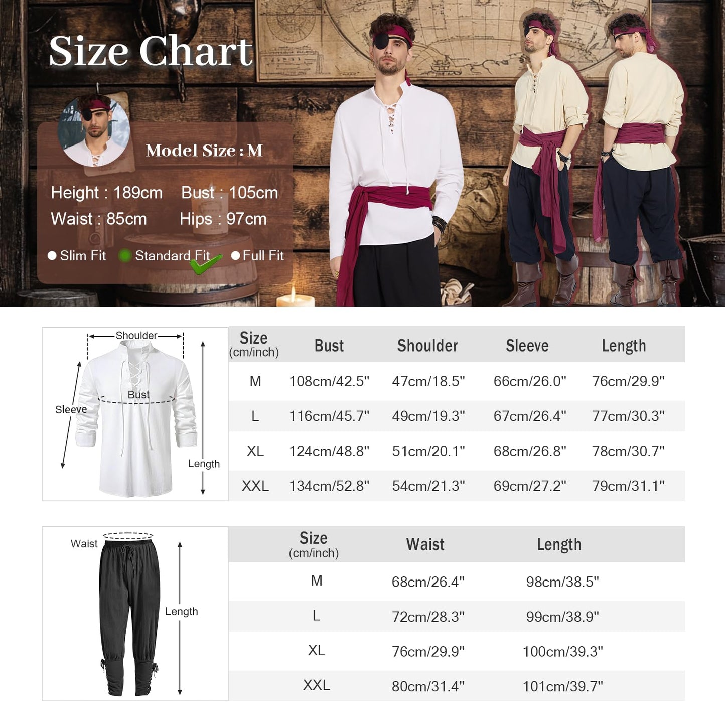 Pirate Costume Adult Men Eye Patch Medieval Shirt Trousers Bandana