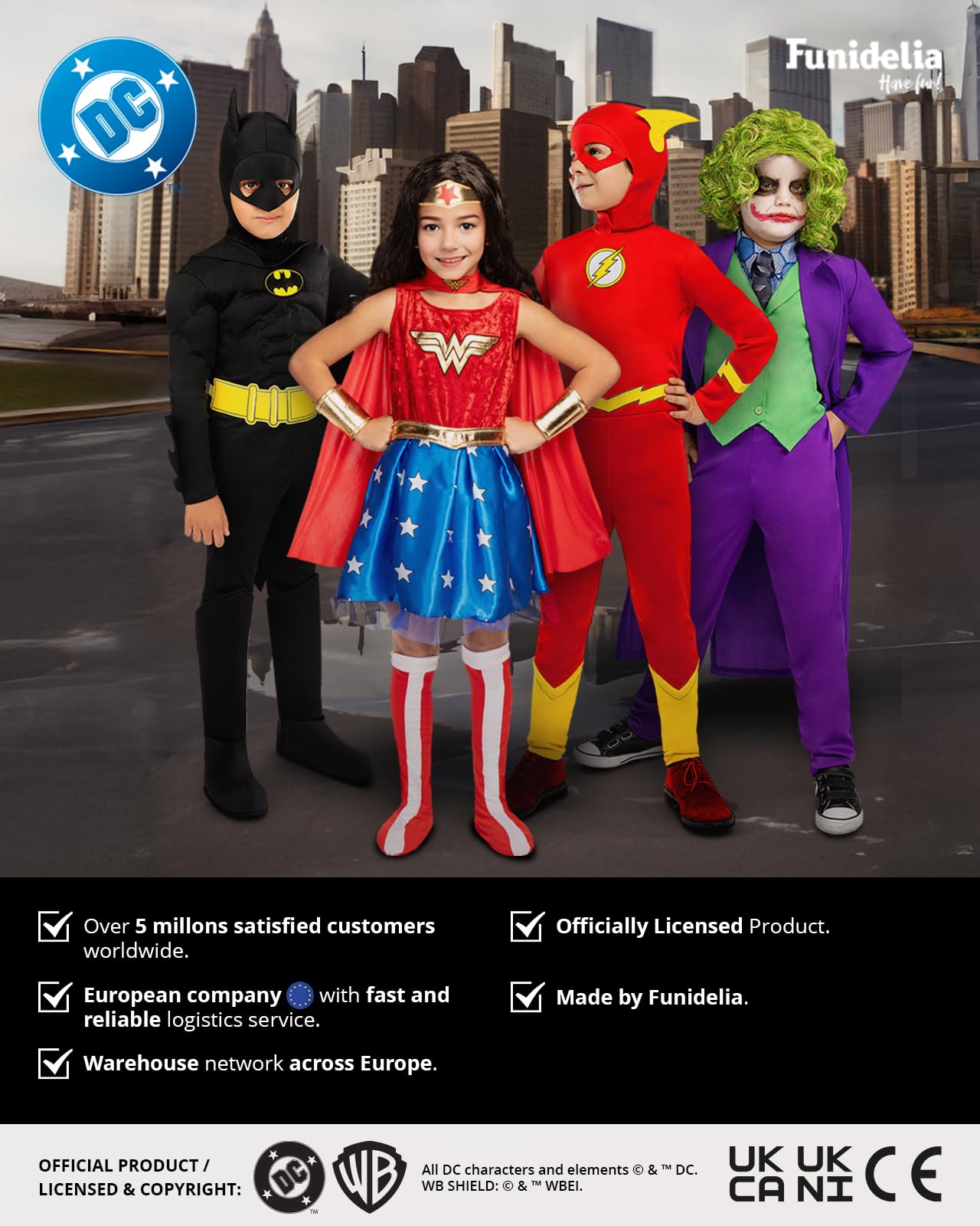 Funidelia Official Joker Costume for Kids, Includes jacket, vest with collar, tie and trousers, Size 3-4 years, Superheroes, DC Comics - Costume for Kids for parties, Carnival and Halloween