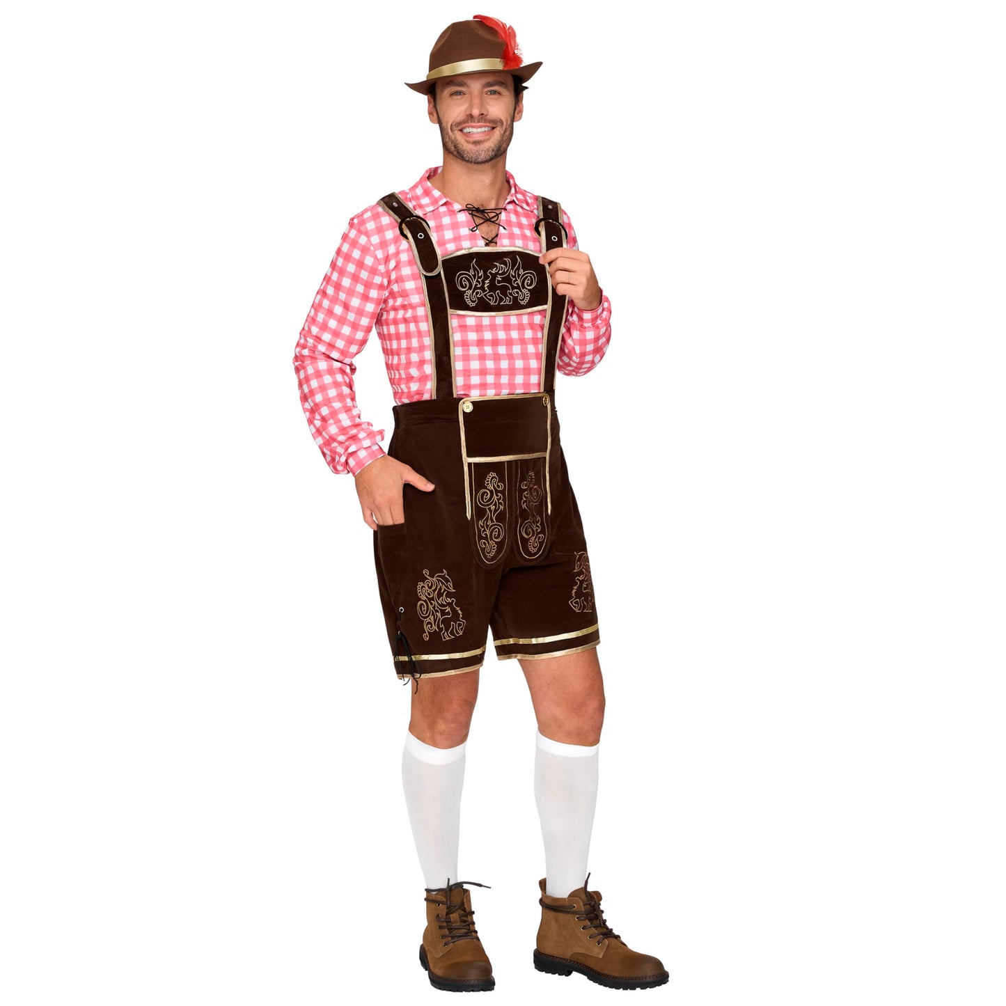Spooktacular Creations Men’s Red Plaid German Bavarian Oktoberfest Costume Set for Halloween Dress Up Party and Beer Festival L