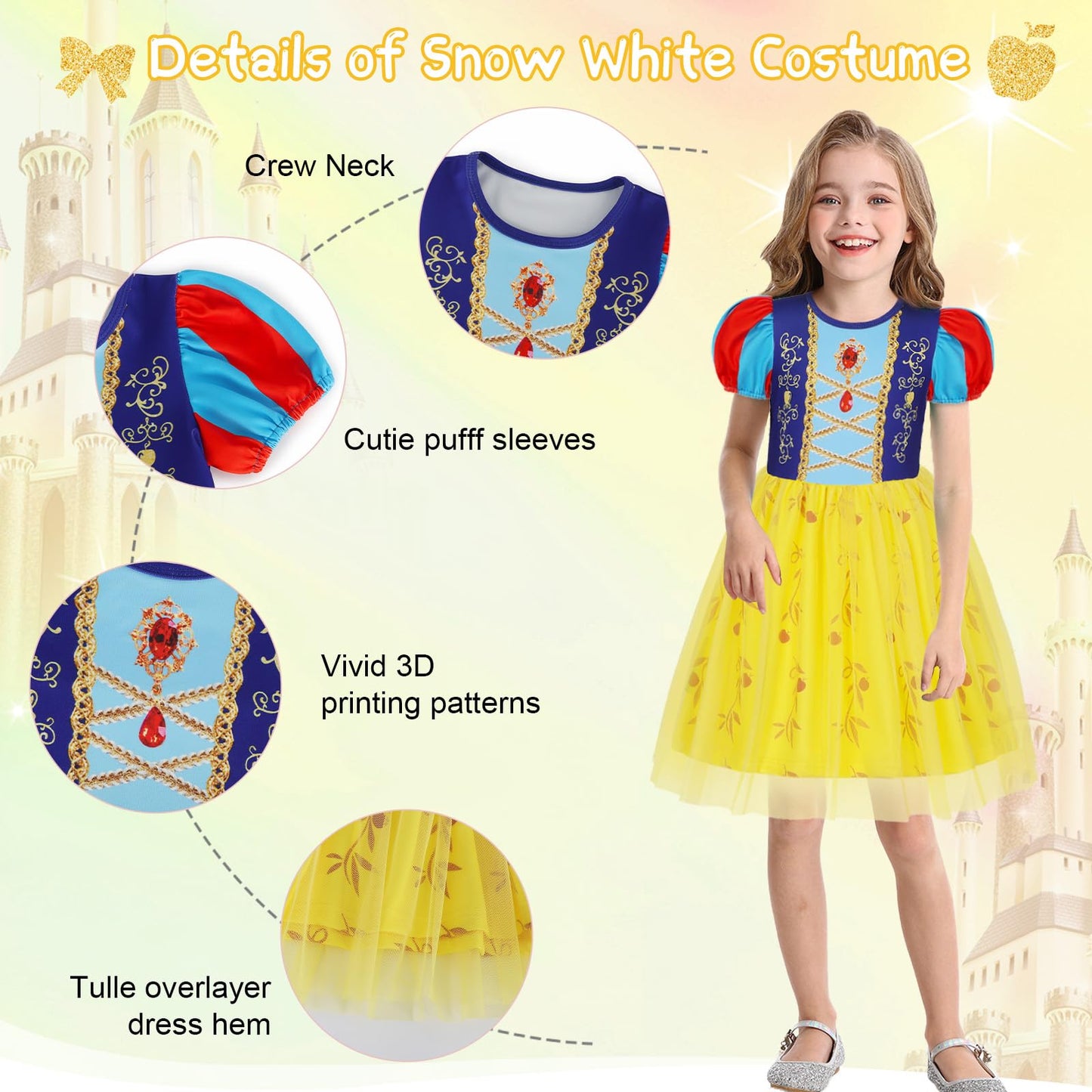 Berich Yellow Princess Costumes for Girls Dressing up Clothes Kids Halloween Christmas Outfits World Book Day Costumes Princess Dress up for Girls 5-6 Years(Yellow,130)