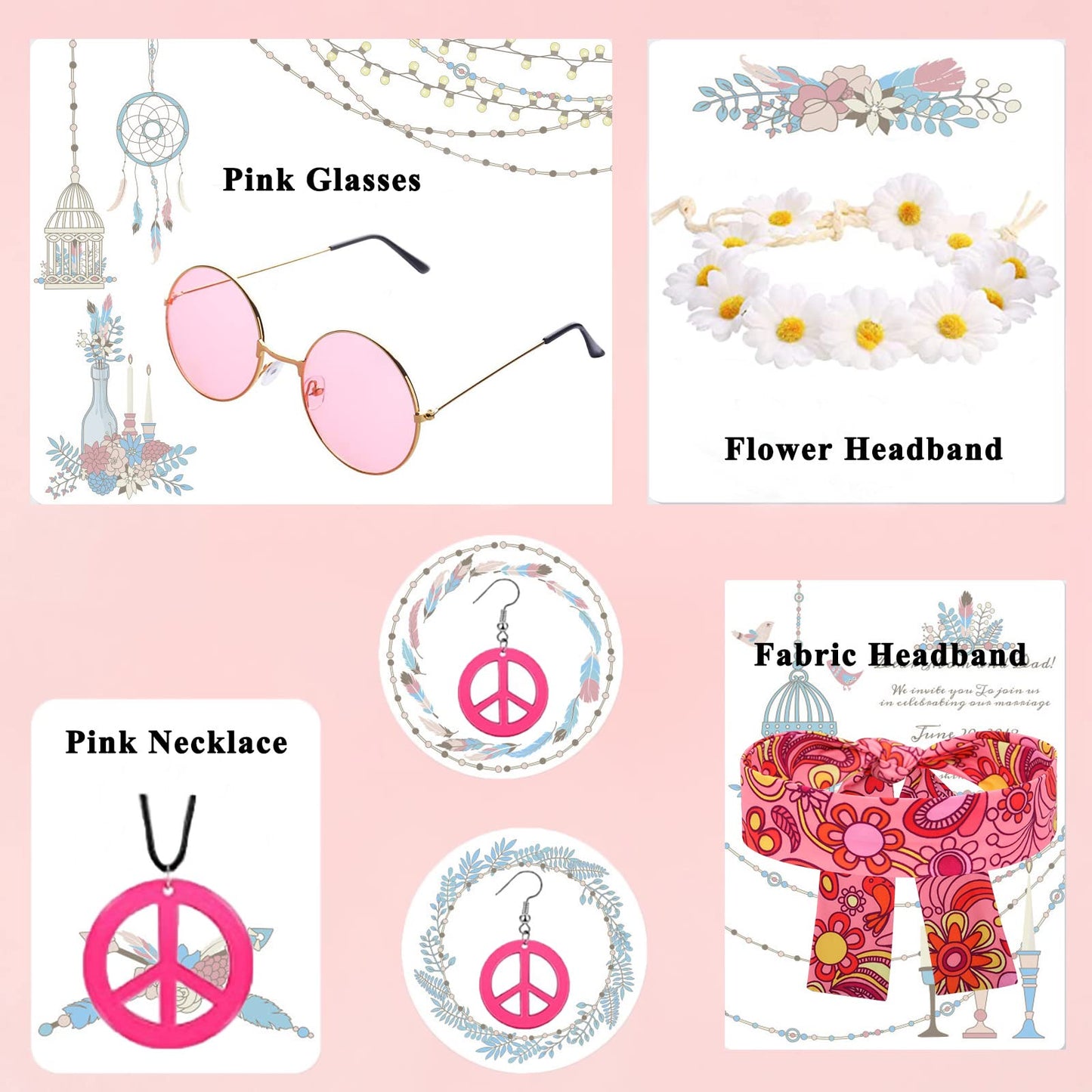 YADODO 60s 70s Fancy Dress Women Disco Hippie Costume with Accessories 1970s 1960s Hippie Fancy Dress Clothes for Women Adult70 Style Ladies Pink Flower Power Dress (XXL)