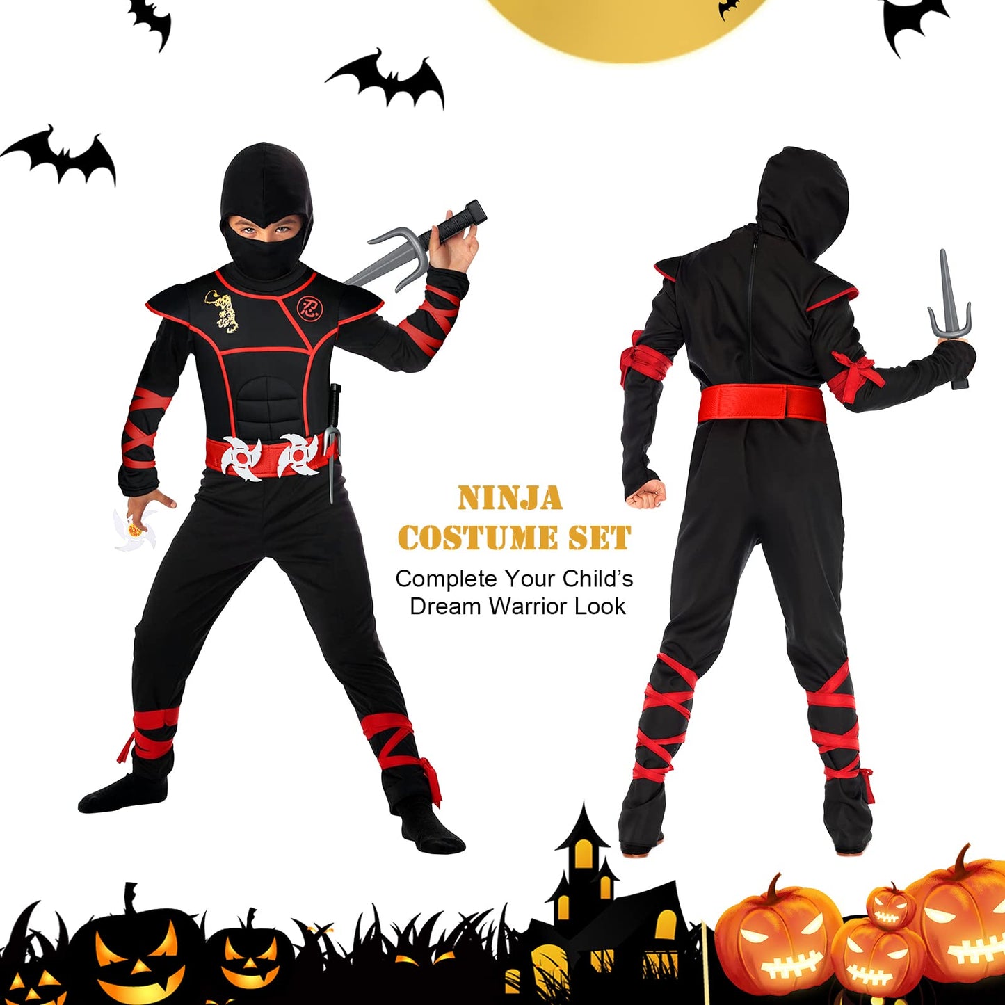 Aomig Kids Halloween Fancy Dress Costume with Ninja Accessories, Warrior Muscle Costume for Boys Girls, Luxury Role Play Outfit for Halloween Cosplay Theme Party (L)