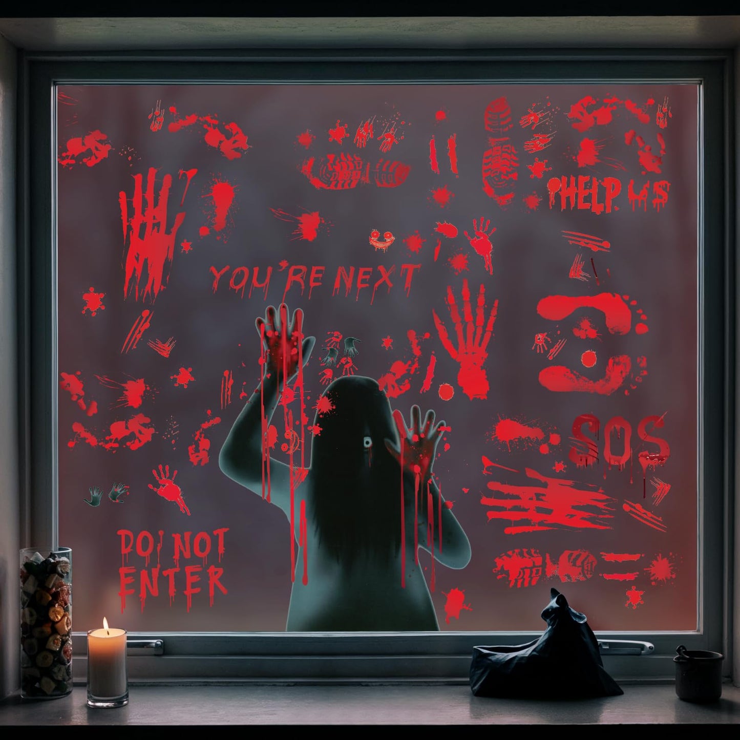 Large Halloween Window Stickers, Etopgo Bloody Decorations Double Sided Window Clings with Handprints Footprints for Halloween Party Decorations