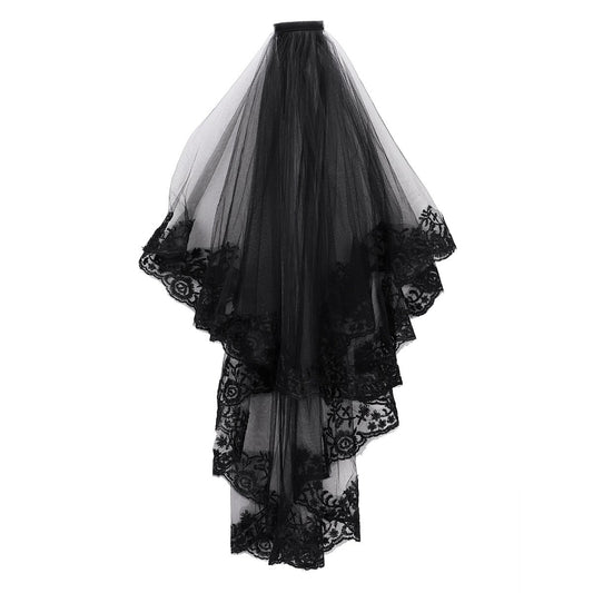2 Tier Black Veil Gothic Corpse Bridal Waist Length Lace Wedding Bridal Veil Ladies Girls Fancy Dress Embroidered Edge Hair Accessory Flowery Day of the Dead Costume