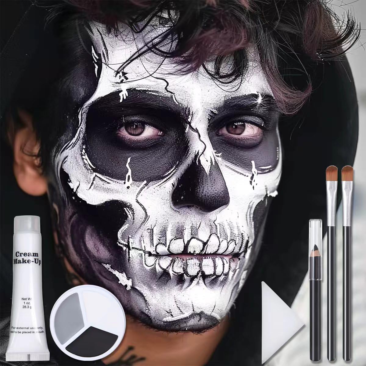 Katiluxiya Halloween Professional Grey Black White Face Paint, Face Painting Kit for Halloween Skeleton Skull, Clown Cosplay, SFX Special Effect and Theme Parties. (01, Color)