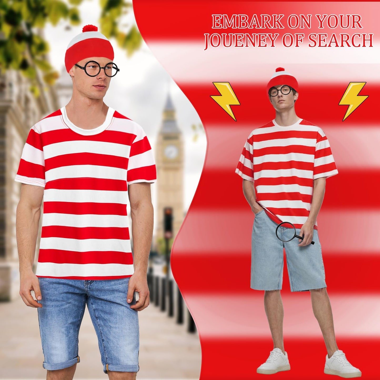 Wally Costume Set for Adults - Unisex Red and White Striped Short (image 5)