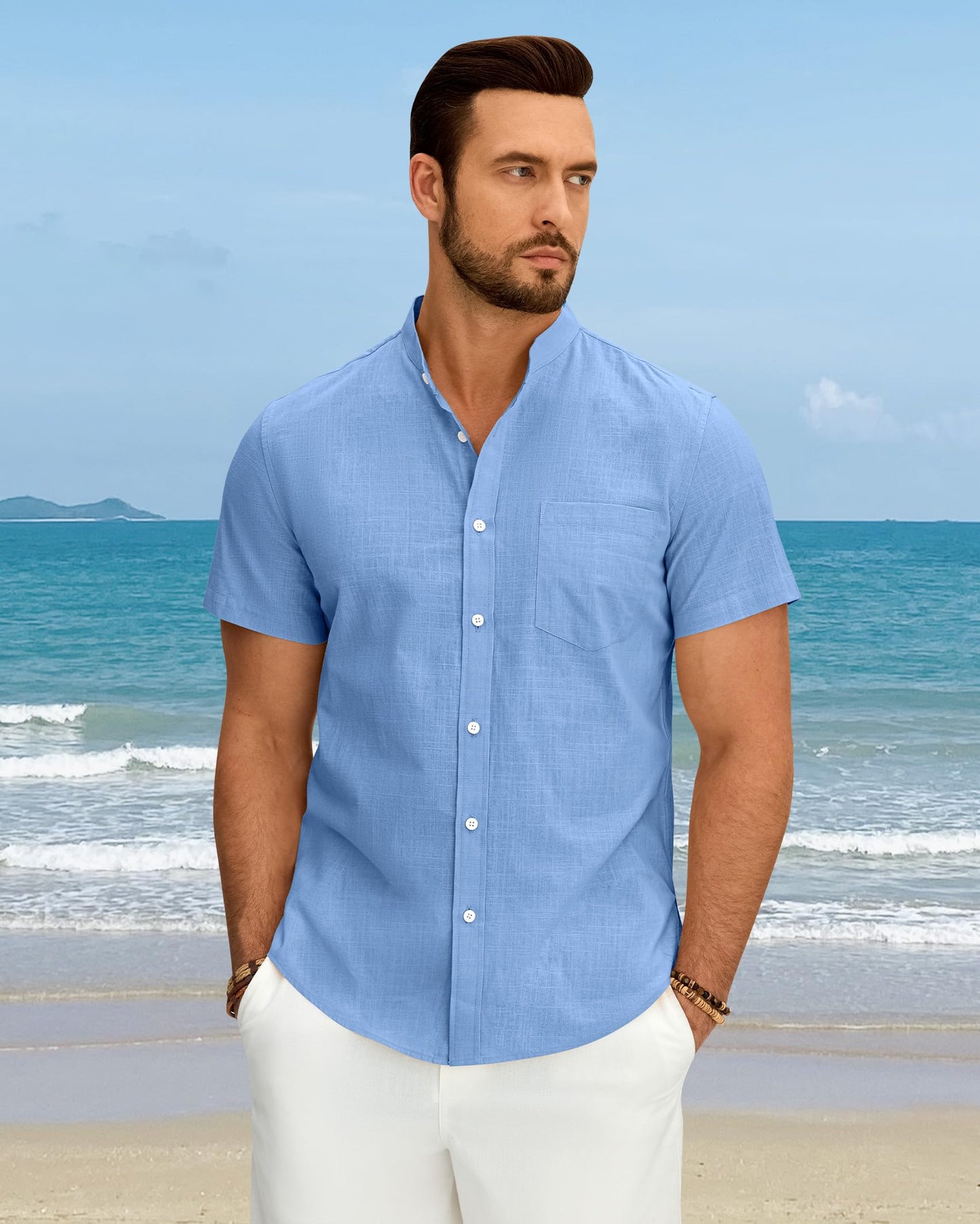 Linen Short Sleeve Shirts Men Grandad Collar Button Down Casual