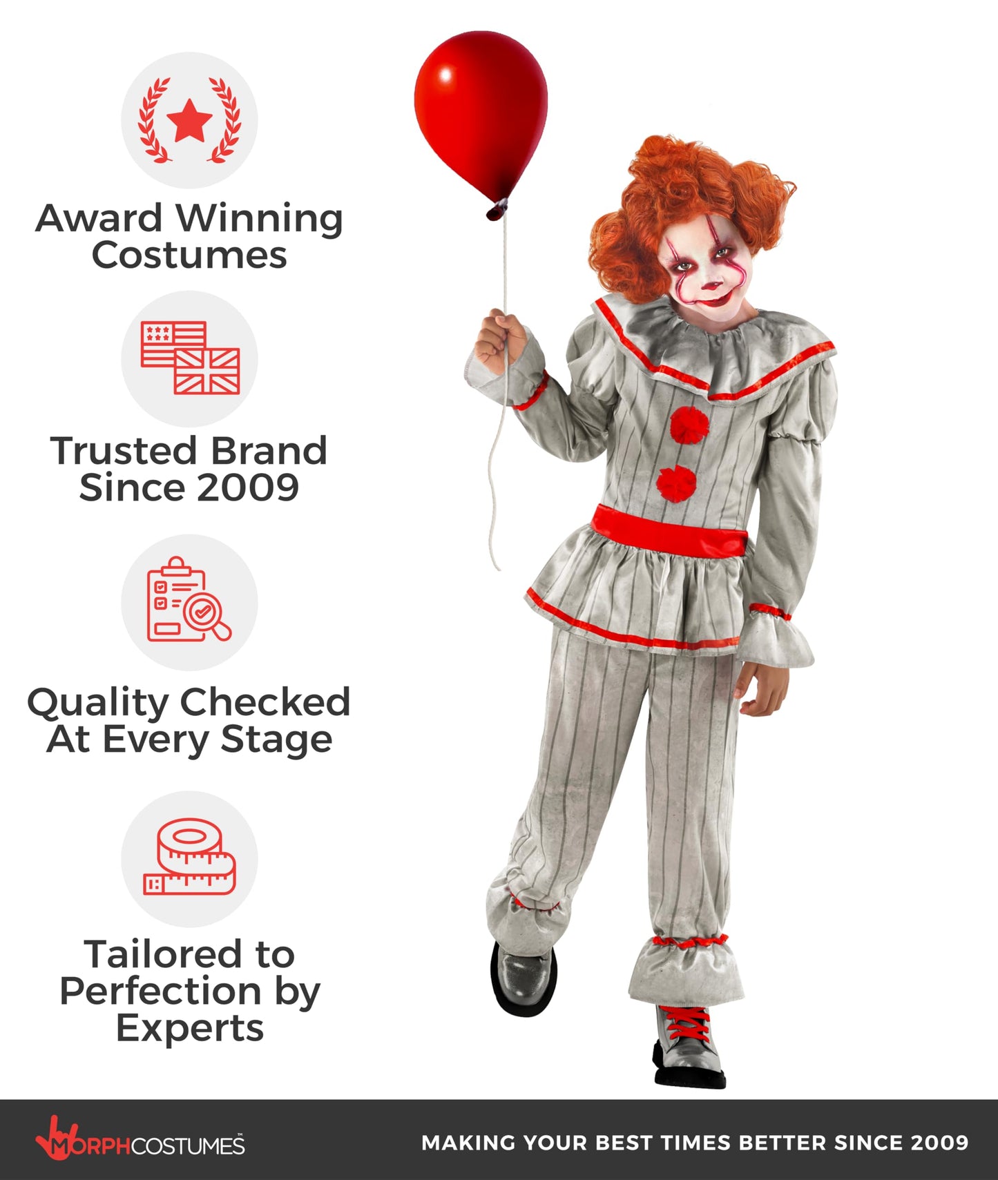 Morph Scary Clown Costume For Kids, Killer Clown Costume Boys, Boys Halloween Costumes For Kids 12-14 Years, X-Large