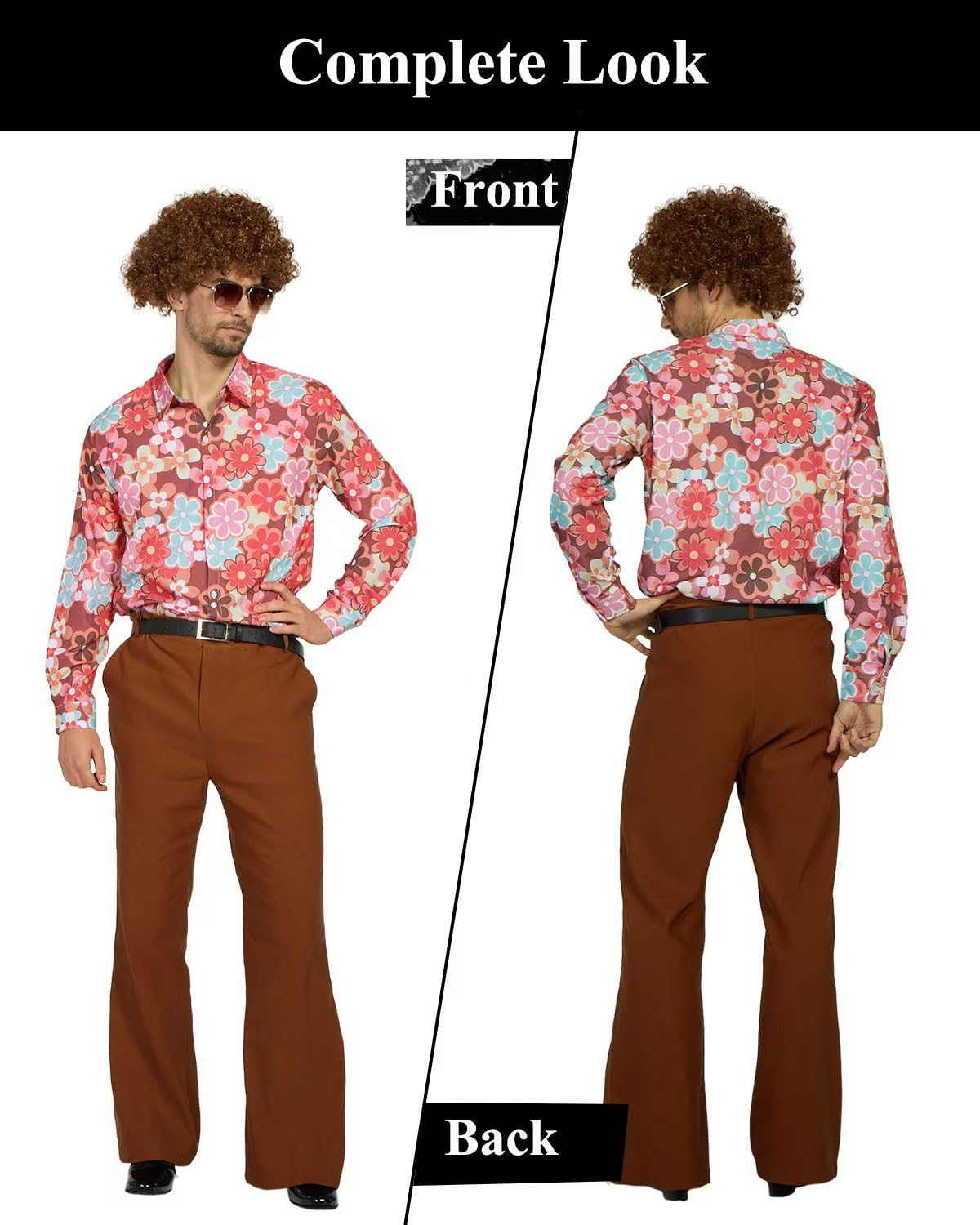 70s Disco Costume Set Hippie Men Outfit with Flared Pants Shirt (image 3)
