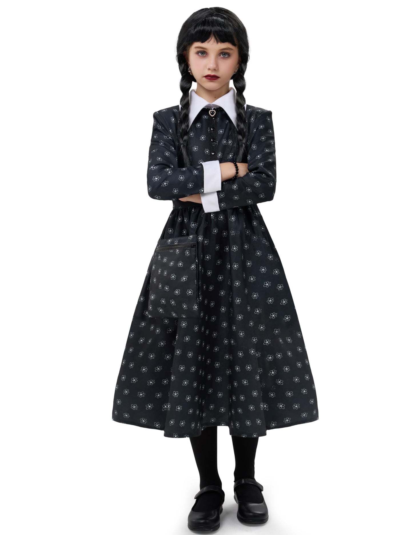Spooktacular Creations Girls Halloween Black Costume, Black Floral Print Dress with Wig and Stocks for Girls Kids Halloween Dress Up and Role-Playing(Small(5-7 yrs))