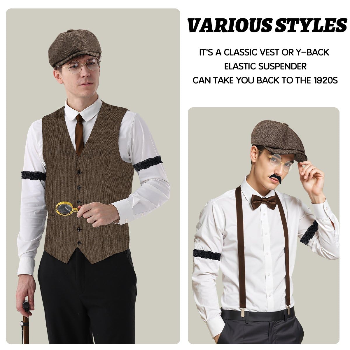 20s Costume Men's Vest with Accessories Braces - Magnifying Glass