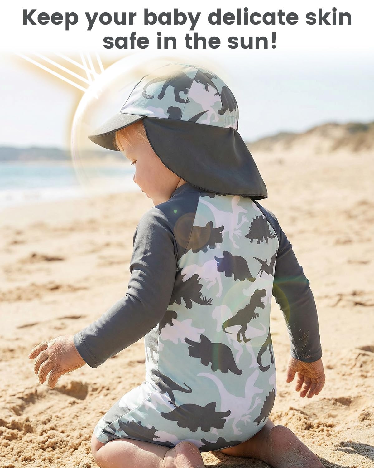 JiAmy Baby Boys Swimming Costume with Sun Hat Long Sleeve Zipper Rash Guard Sun Protection Beach Infant Toddler Baby Swimsuit One Piece Bathing Suits Green Dinasour 18-24 Months