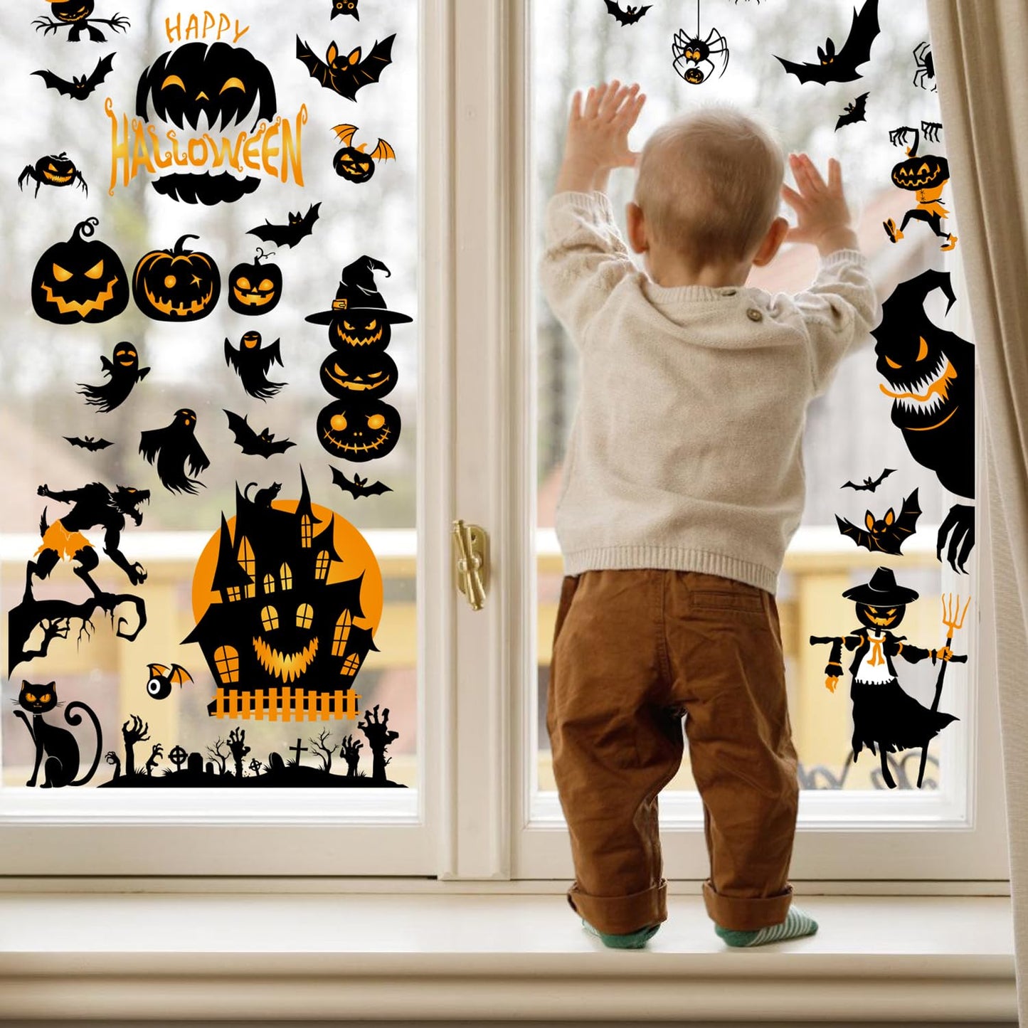 Xyxu Halloween Decorations Window Stickers, 9sheets Scary Halloween Window Stickers Clings Decorations, Wolf Bat Witch Ghost Spider Pumpkin Halloween Stickers for Window Halloween Decorations Indoor