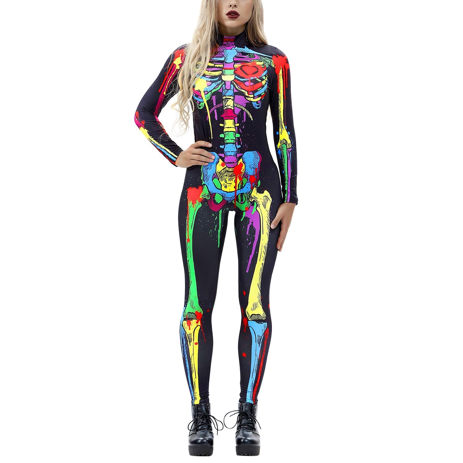 Womens Halloween Skeleton Print Skinny Jumpsuit Stretch Cosplay