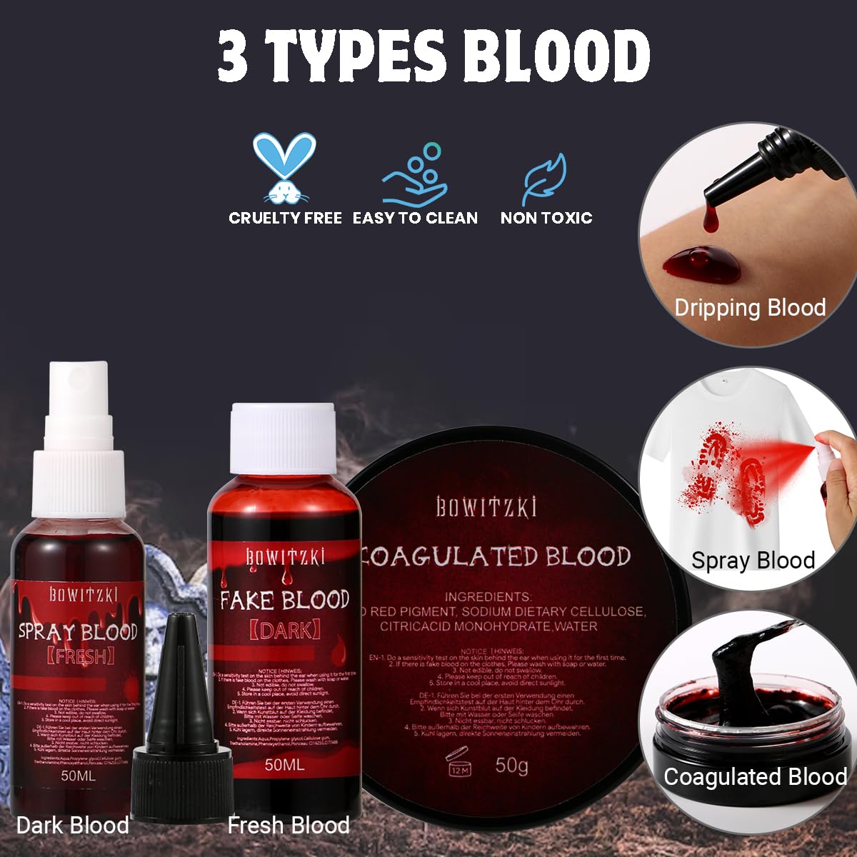 Bowitzki Professional SFX Makeup Kit – Special Effects Makeup Kit with Fake Blood, Coagulated Blood, Liquid Latex, Bruise & Zombie Face Paint for Halloween, Cosplay, Horror FX, Theater