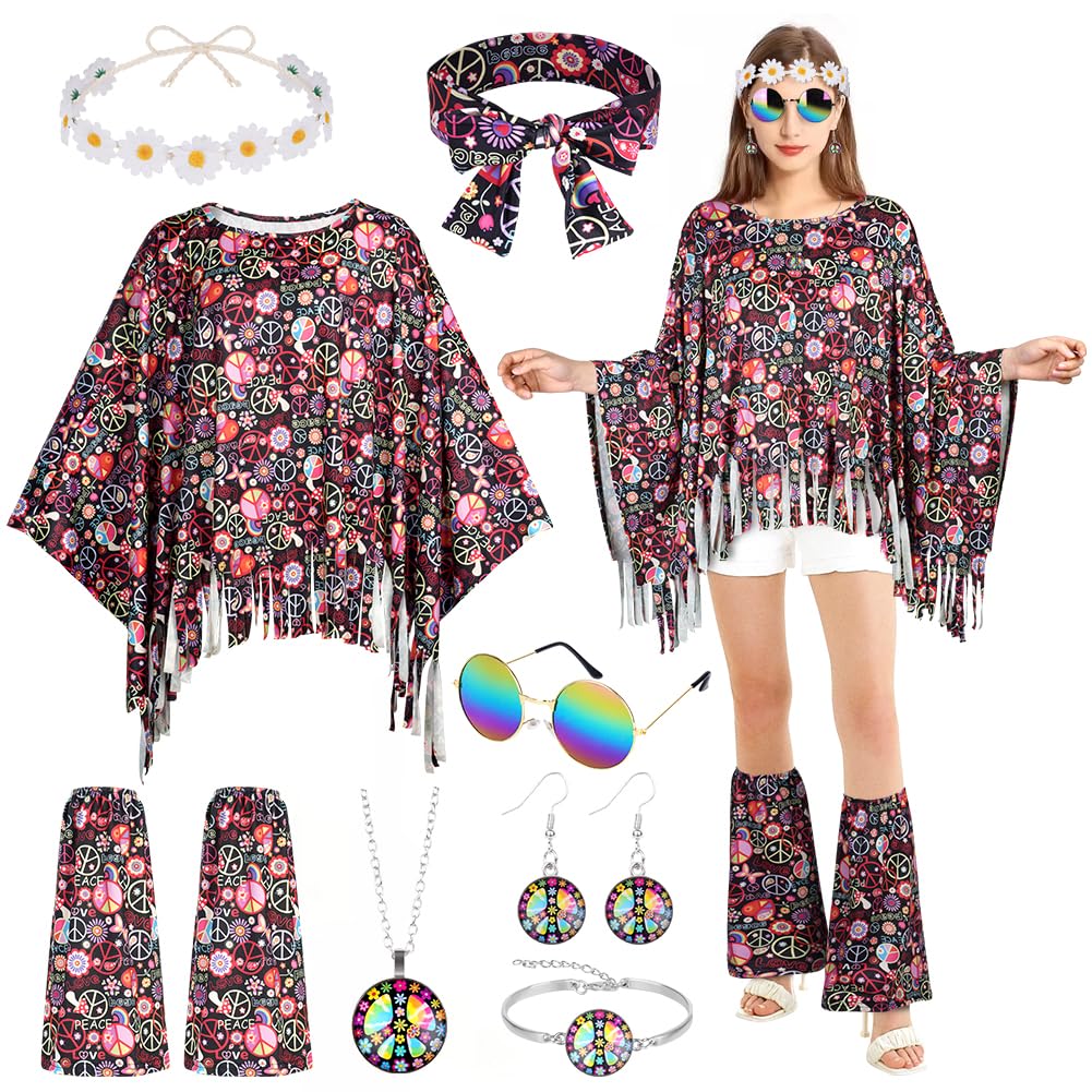 AOOWU Hippie Costume Accessories Set, 10 Pcs 70s Fancy Dress Women Disco Hippie Costume Outfits, Hippie Clothing Set with Hippie Cape Legs Sleeves Headband Sunglasses Earrings