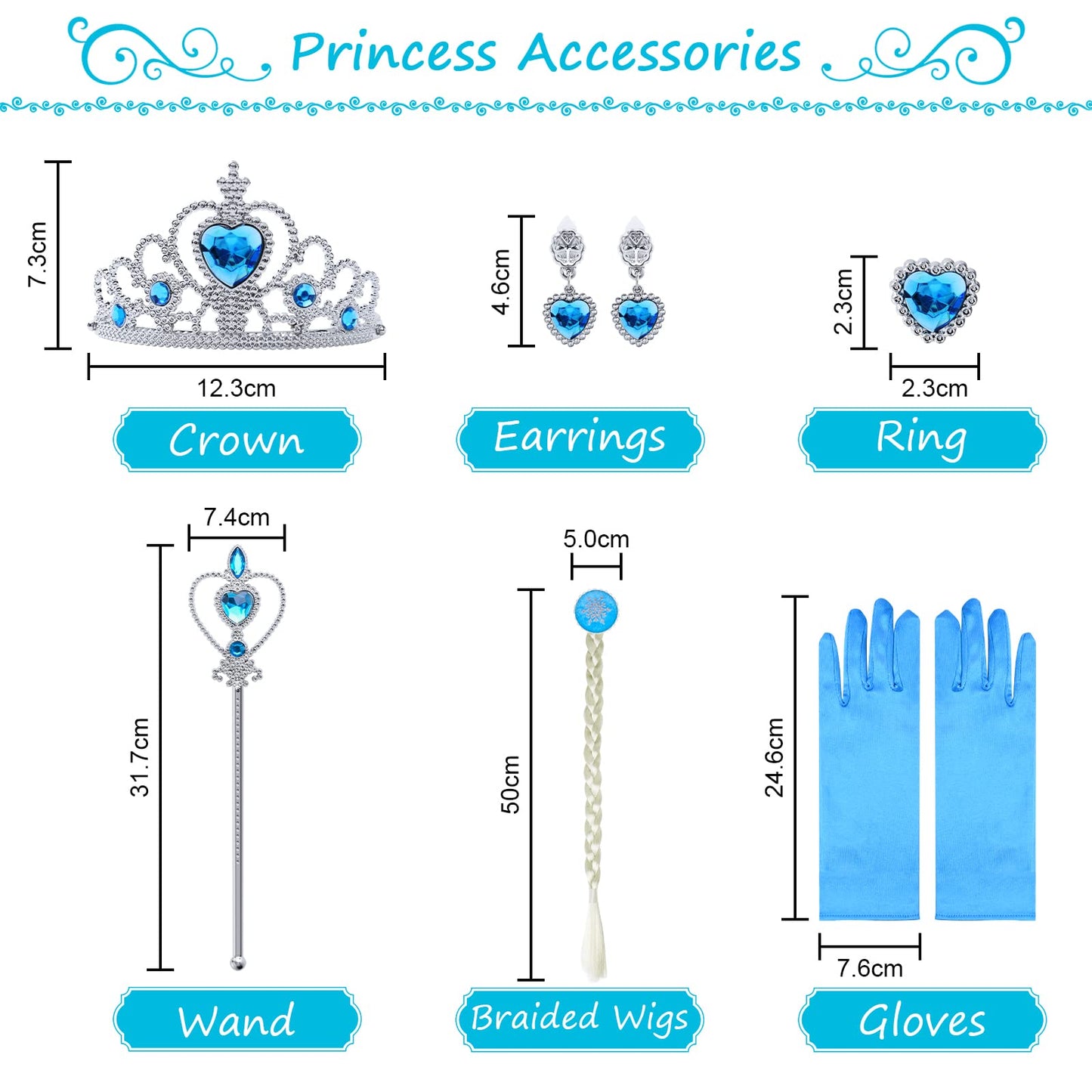 URAQT Princess Costumes for Girls, Snow Queen Princess Dress up, Ice Snow Princess Costume with Fairy Wand and Crown Tiara, Deluxe Girls Fancy Dress for Party Cosplay Bridesmaid Pageant(130)