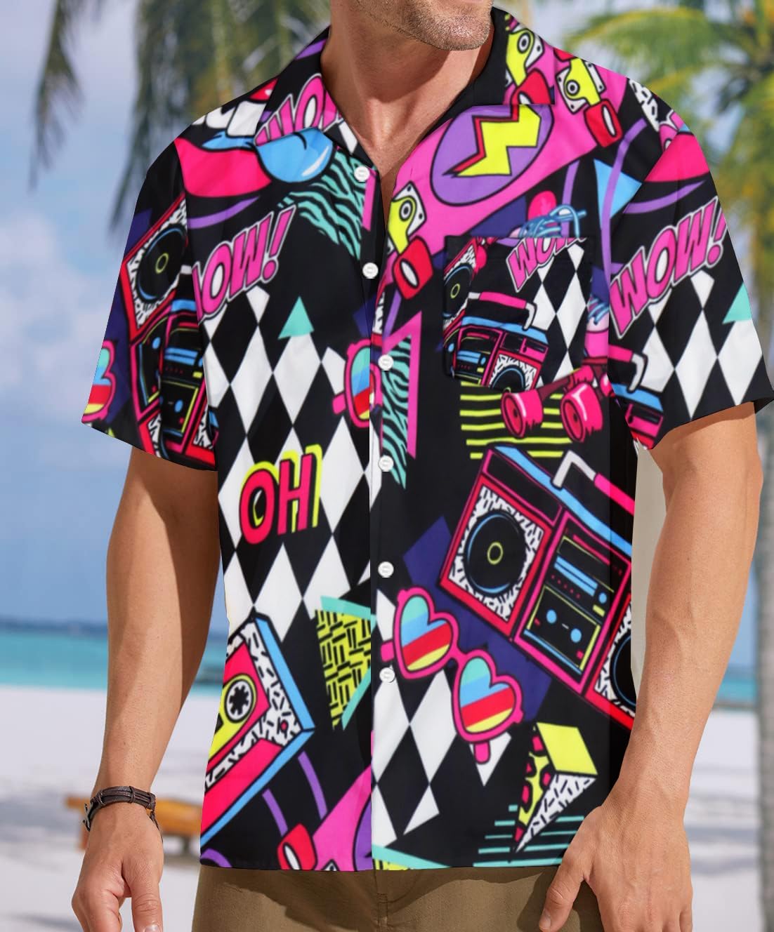 hohololo 80s Vintage Shirt for Men 70s Disco Shirt Party Costume Men's Retro Classic Hawaii Shirt（Multicoloured-B,XL