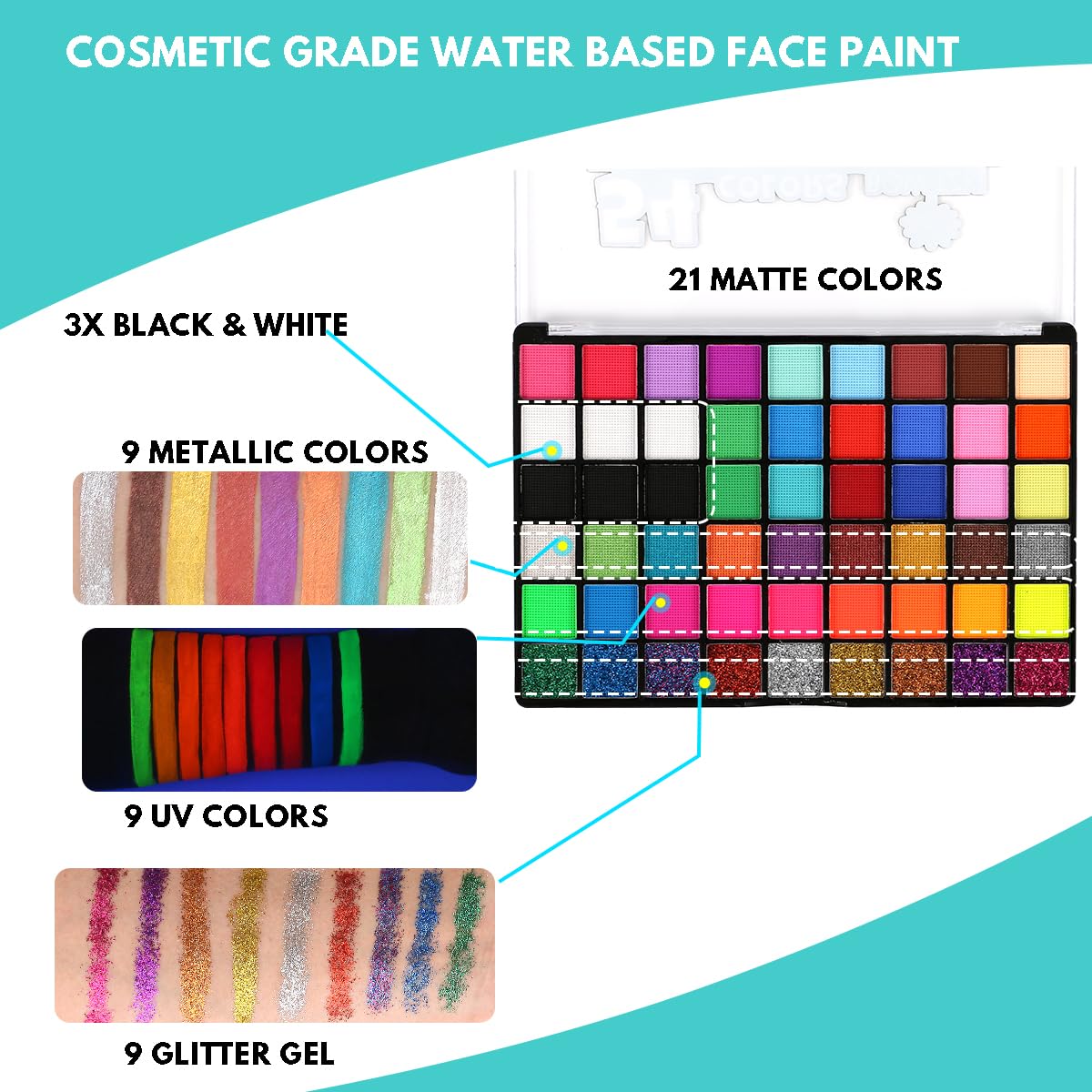 Bowitzki Face Paint Kit with 50 Colors, 8 sheets Stencils, 2 Glitters,10 Brushes, 1 Sheet Gems, Water Based Face Painting Kit, Safe Professional Halloween Party Makeup Set