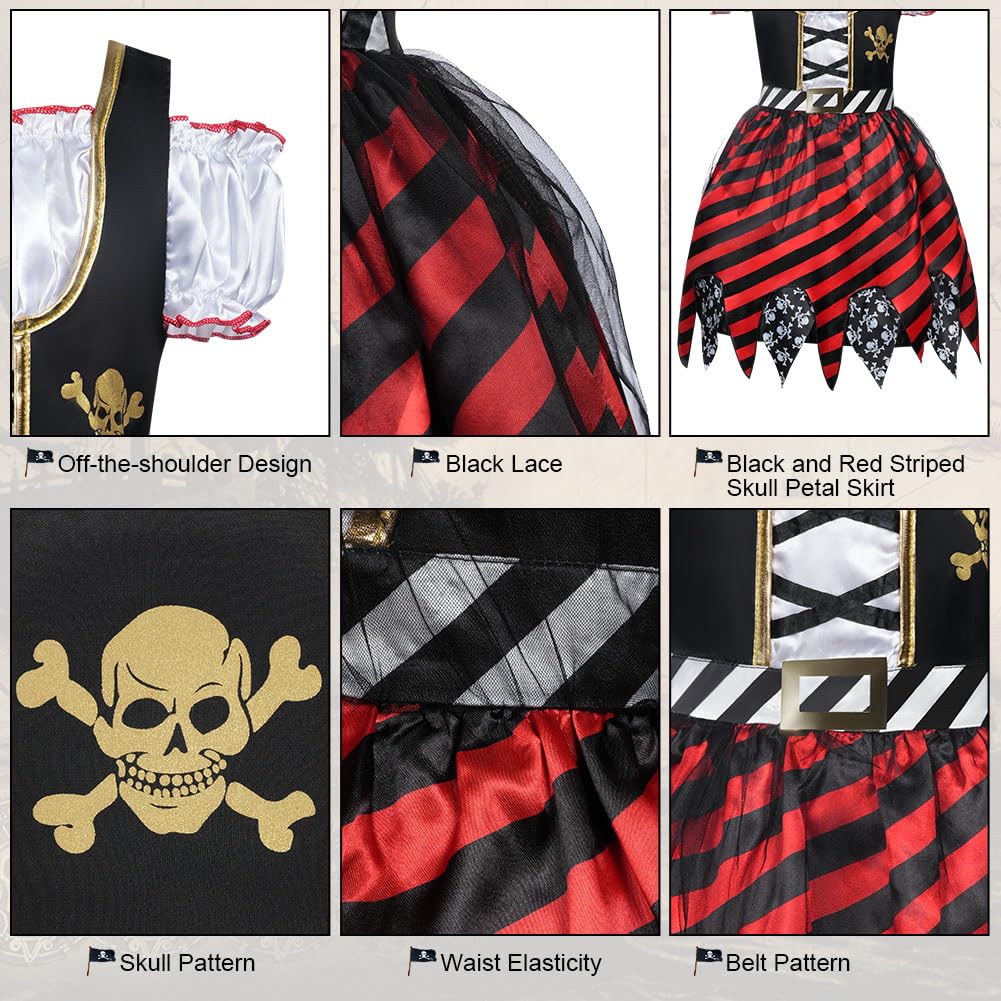 Aomig Girls Pirate 3 Pcs Role Play Dress Up Set with Hat & Eye Patch, Pirate Outfit for Birthday Party & Halloween