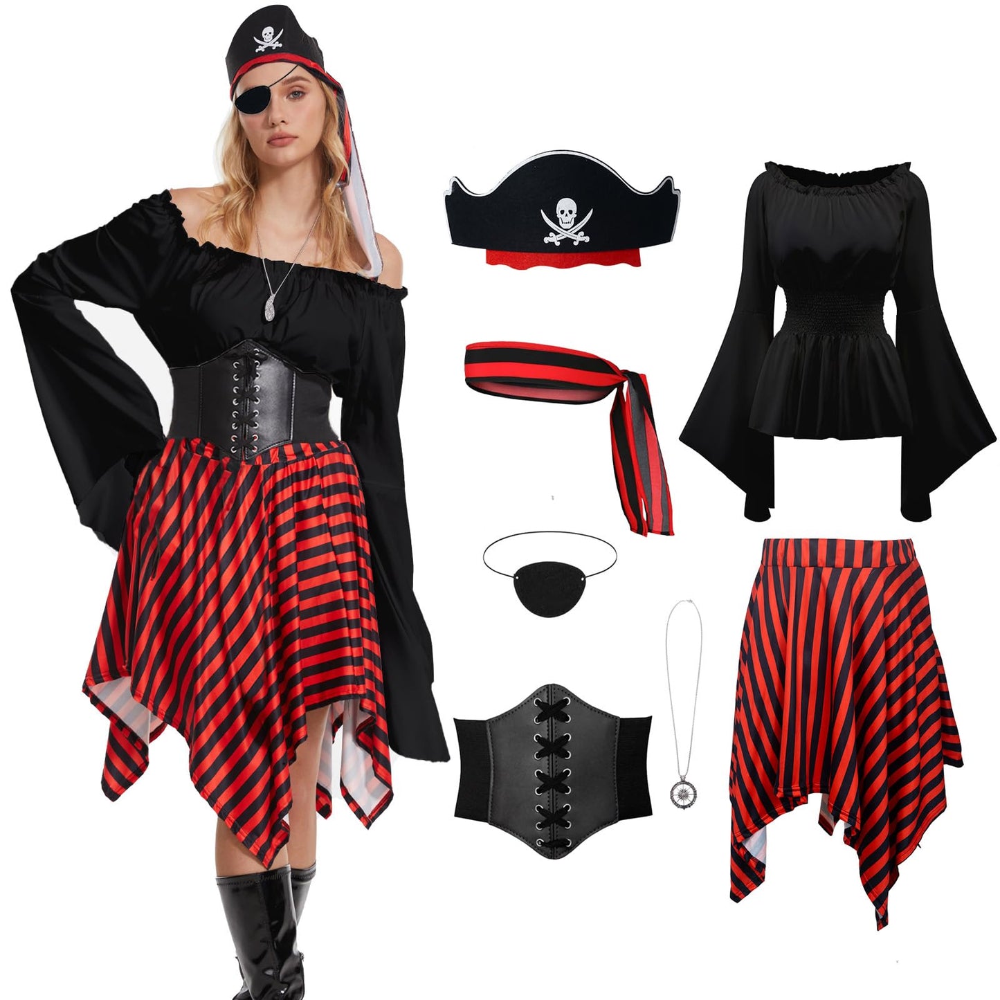 Pirate Costume for Adult Women with Waist Belt - Headscarf - Eye