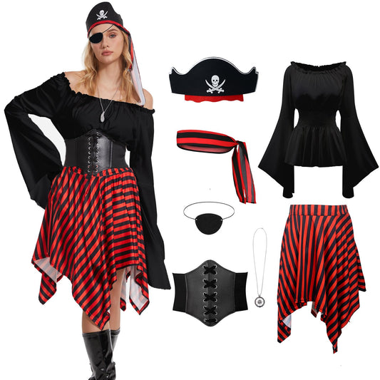 Red and black striped pirate costume with headscarf and eye patch