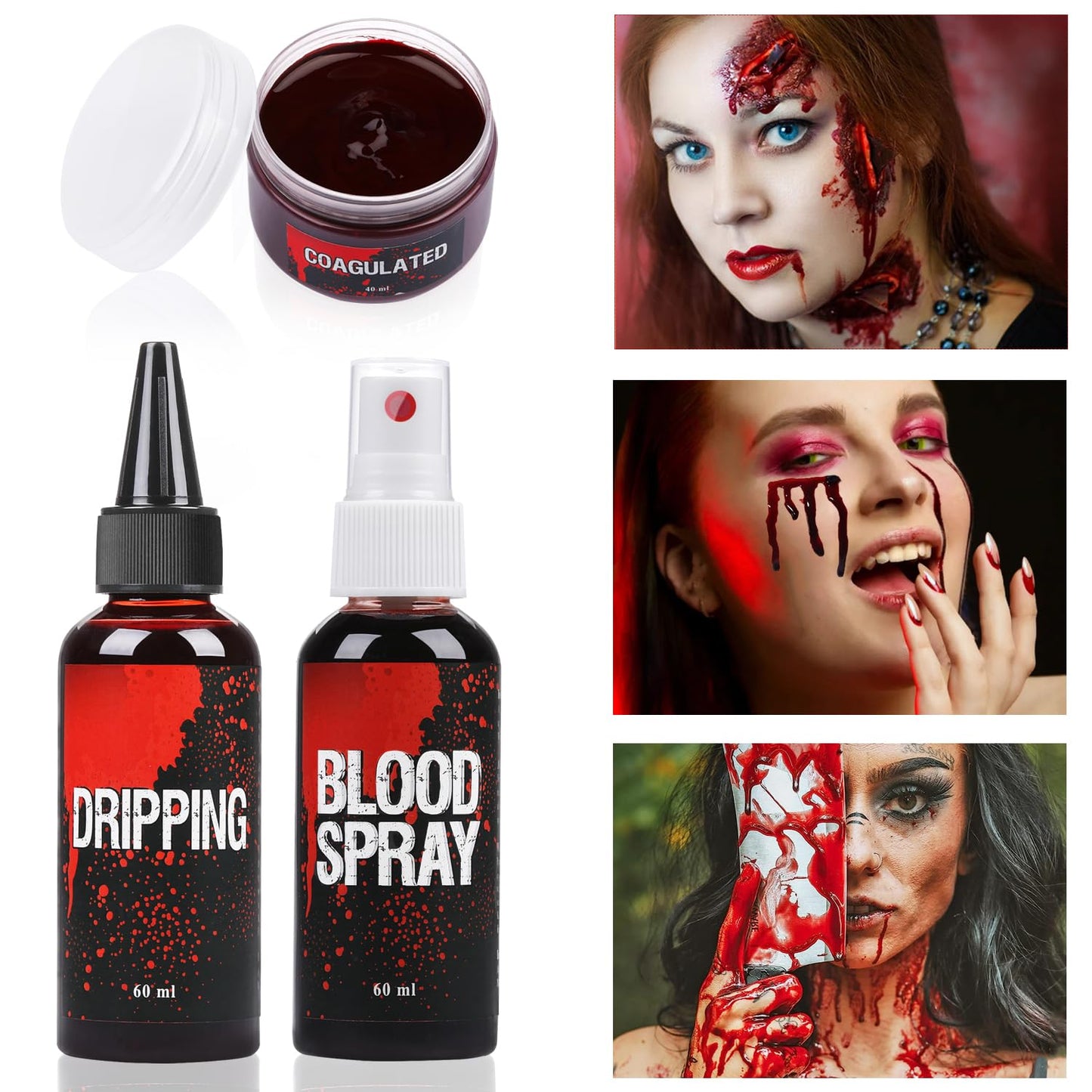 Fake Blood Set, 60ml Fake Blood Spray and 60ml Dripping Blood and 40ml Coagulated Gel Blood, Halloween Washable Fake Blood Makeup for Clothes, Zombie, Vampire Cosplay & Dress Up (Sets)