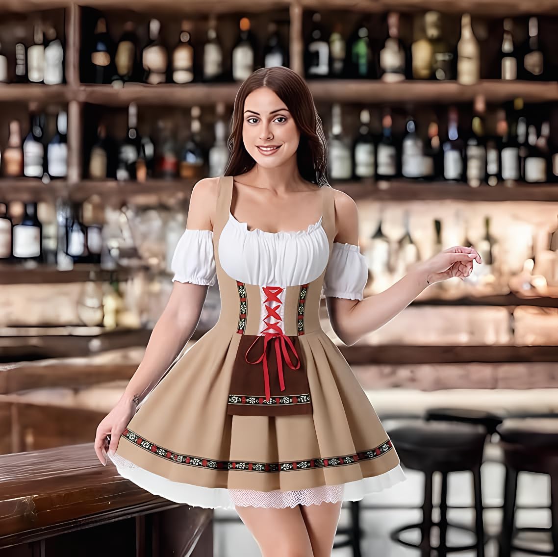 HAPNBCELE Oktoberfest Costume for Womens, German Dirndl Dress One-Shoulder Traditional Bavarian Carnival Halloween Outfits (Khaki, Small)