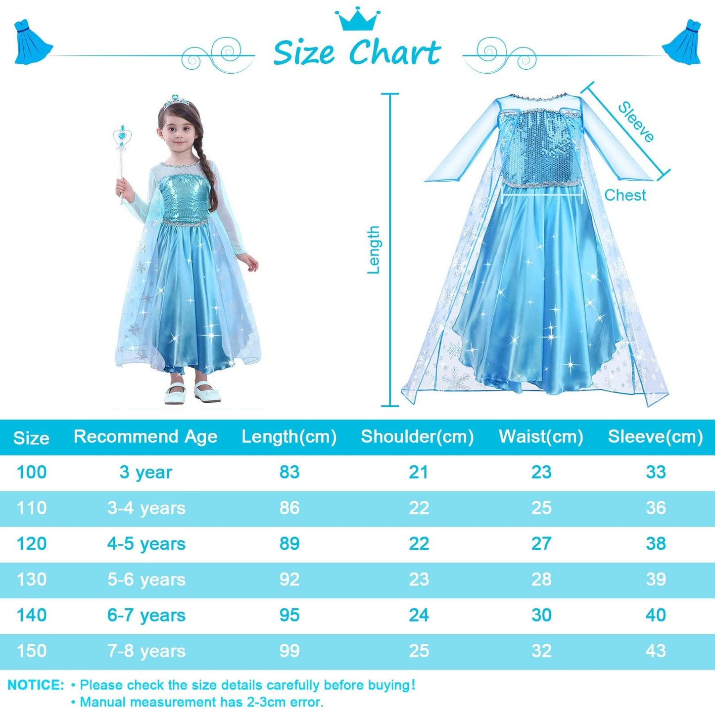 URAQT Princess Costumes for Girls, Snow Queen Princess Dress up, Ice Snow Princess Costume with Fairy Wand and Crown Tiara, Deluxe Girls Fancy Dress for Party Cosplay Bridesmaid Pageant(130)