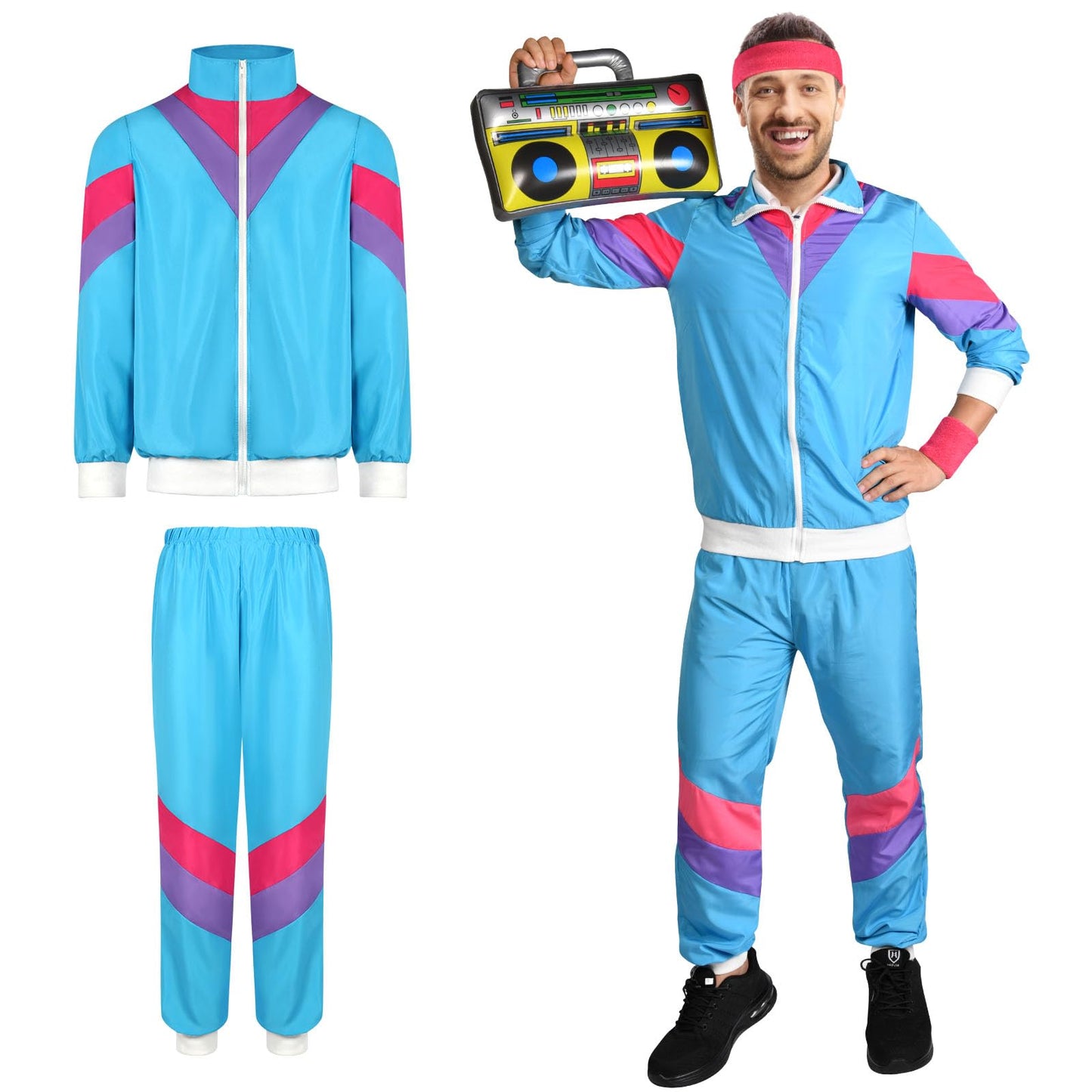 Aomig 80s Height of Fashion Shell Suit Costume, 80s Fancy Dress Men Women with Headband Wristbands, 1980s Disco Fancy Dress, 80s 90s Outfits Fashion Retro Tracksuit for Halloween Carnival Party