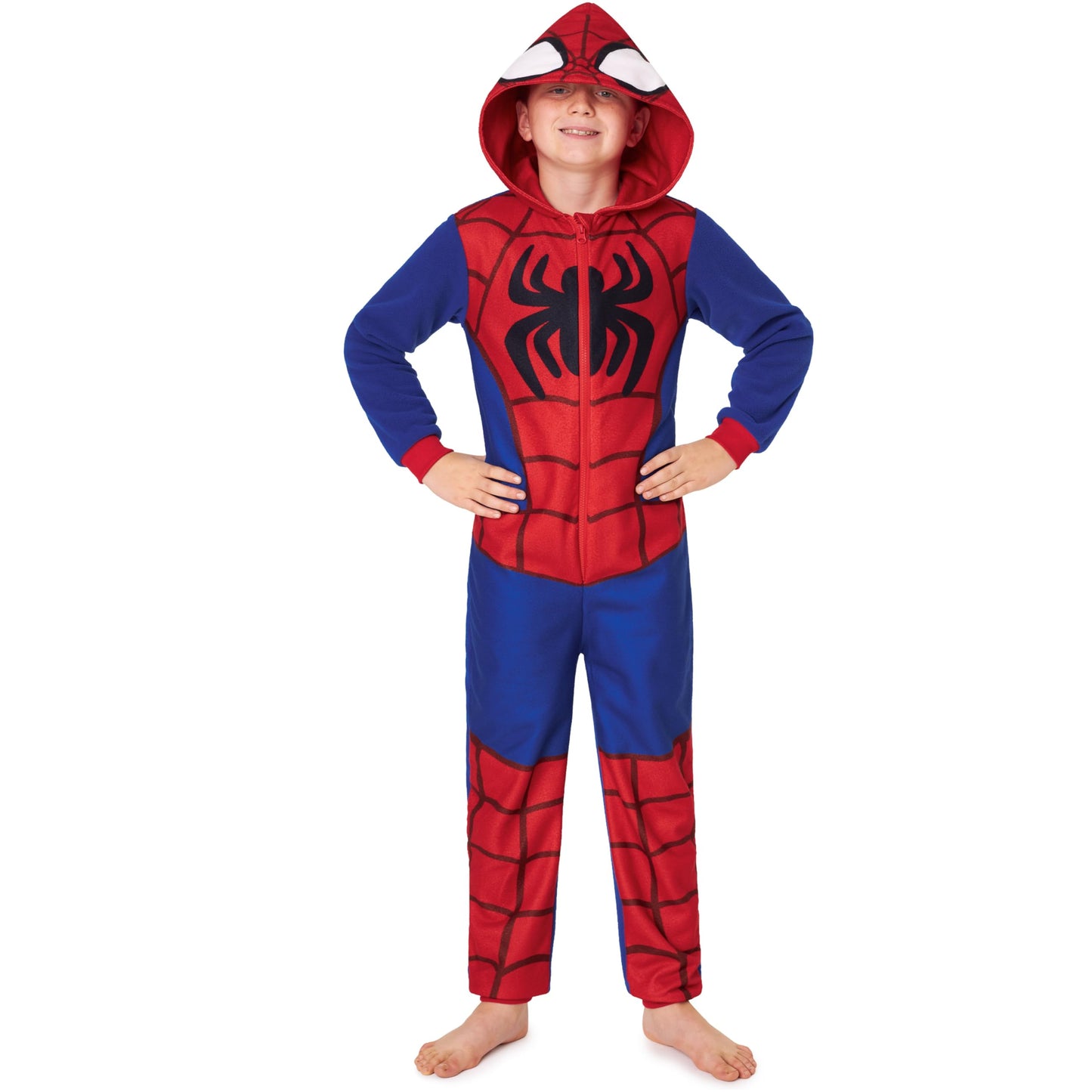 Marvel Spiderman Onesie for Boys, All in One Fleece Pyjamas, Hooded Jumpsuit Loungewear, Cosy Warm Nightwear, Gifts for Boys (5-6 Years, Blue/Red)