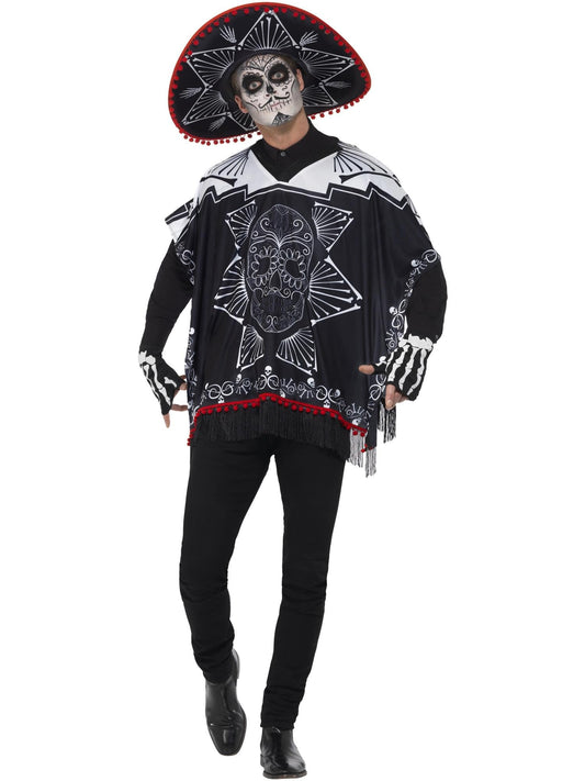 Smiffys Day of the Dead Bandit Costume, Black & White with Poncho, Sombrero & Gloves, Mexican Day of The Dead/Sugar Fancy Dress, Halloween Dress Up Costumes