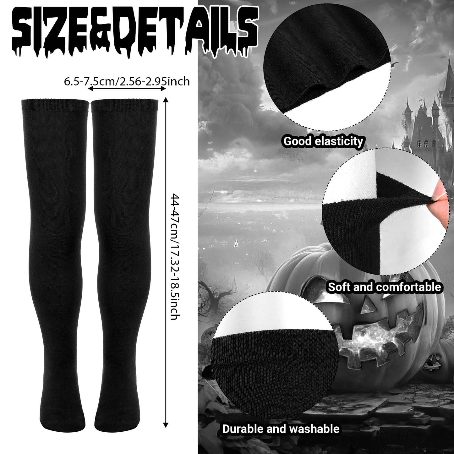 Kavoc 4Pack Halloween Role Play Set Include Black Twins Braided Wig Socks Black Dress for Cosplay Party Supplies (10-12Years Old)