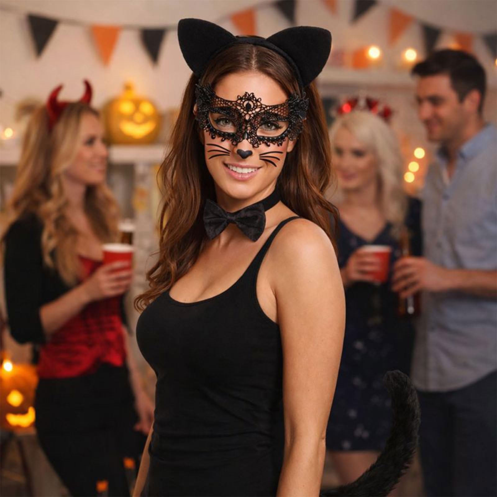 Cat Costume Set with Cat Ears Headband - Cat Tail - Bow Tie - Face (image 3)