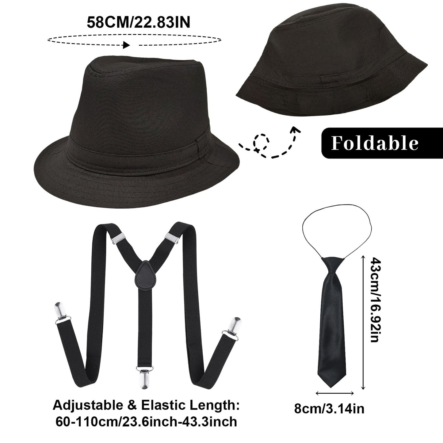 4-Piece Adult Gangster Costume Set - Black Fedora Hat - Braces