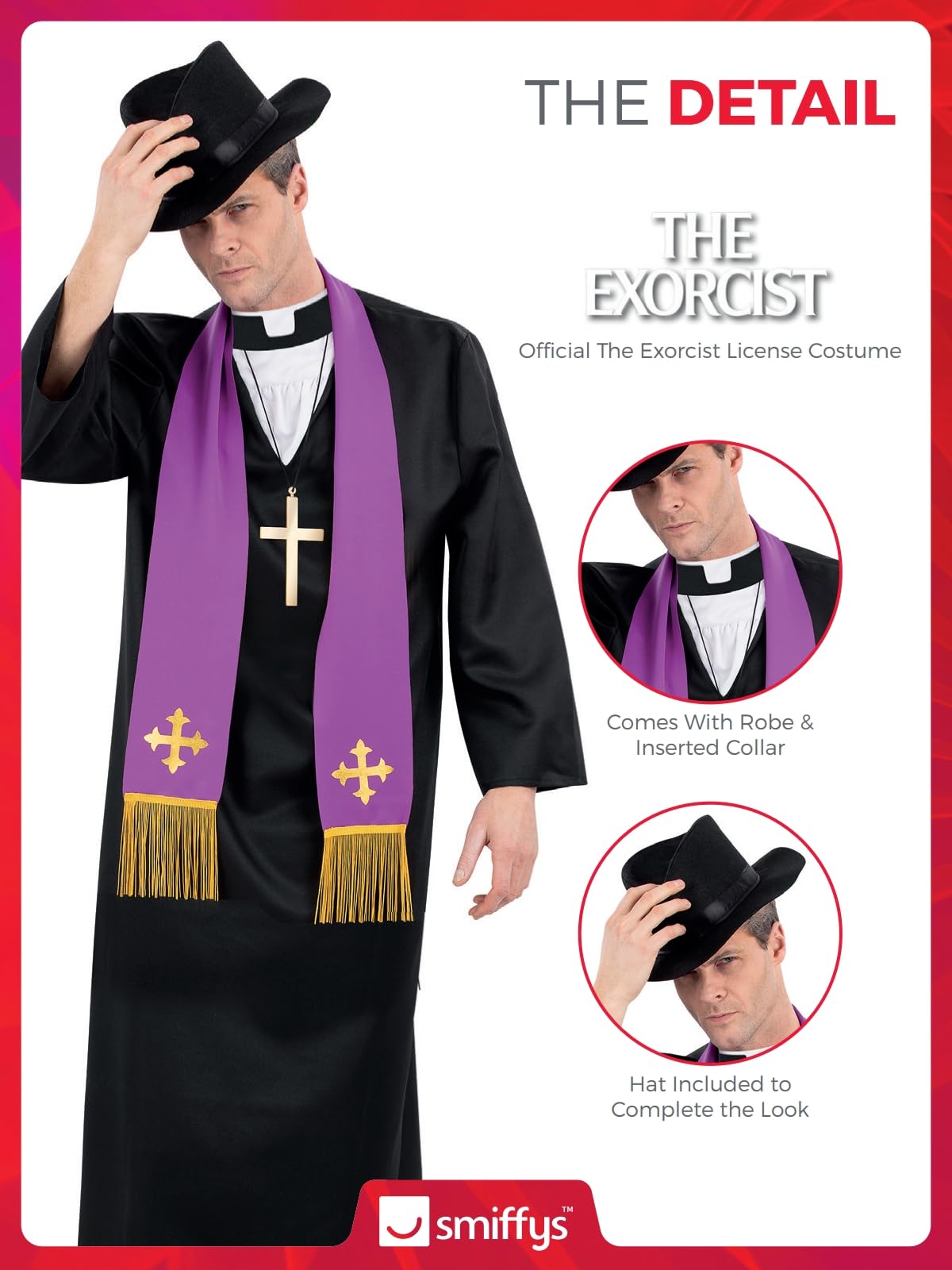 Smiffys The Exorcist Father Merrin Priest Costume for Adults, Robe, Inserted Collar, Stole, Cross Necklace & Hat, Official Exorcist License Costume with Hat & Collar Detail