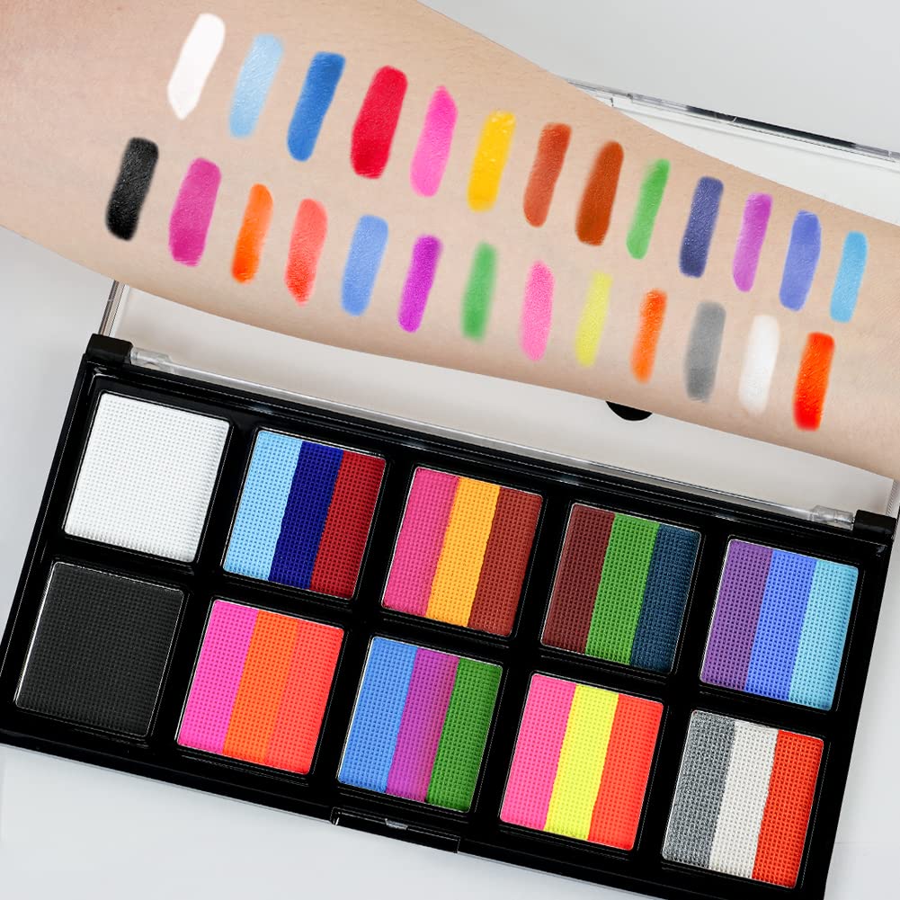 LOPHE Face Body Painting Kit, 26 Colors Rainbow Body Paint for Kids Adults, Safe & Non-Toxic Water Based Split Cake Face Paint Palette with 2 Brushes, Party Makeup Set for Halloween Christmas Cosplay