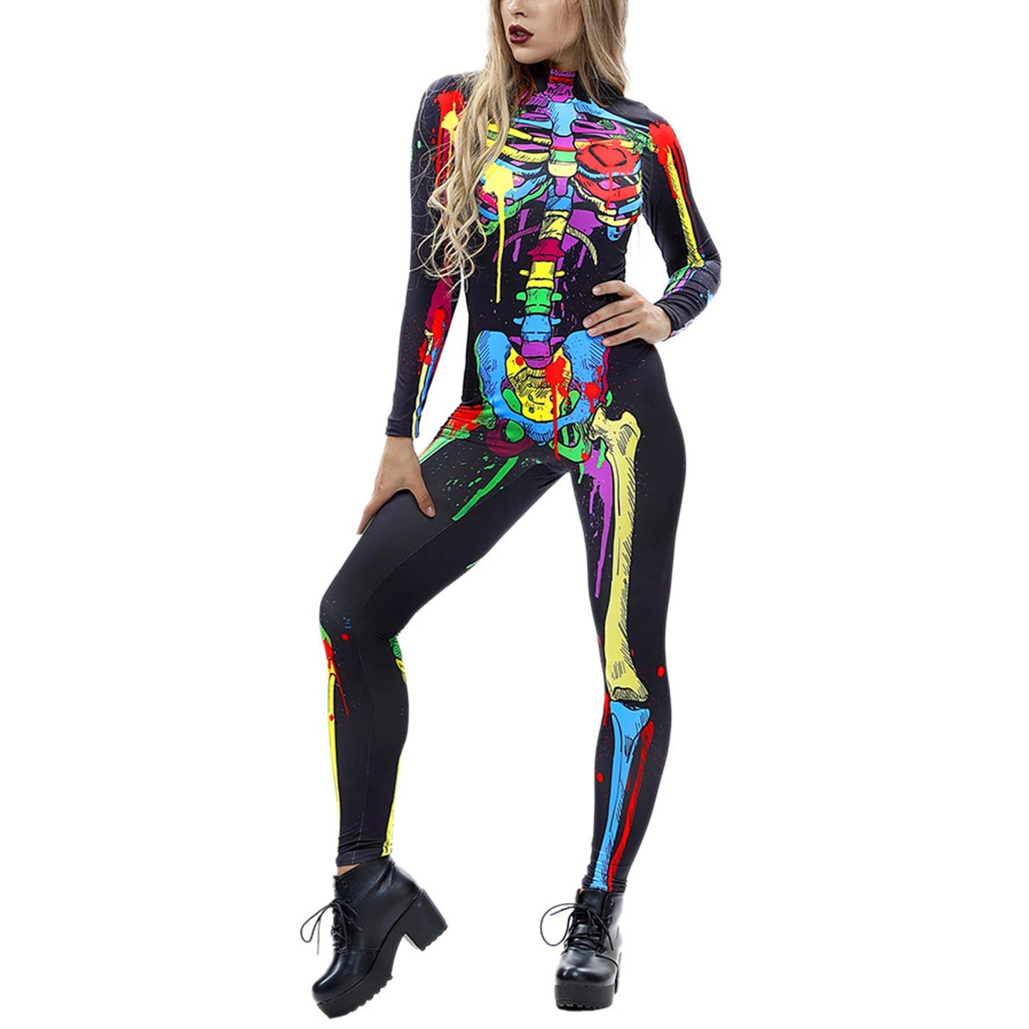 Womens Halloween Skeleton Print Skinny Jumpsuit Stretch Cosplay (image 3)