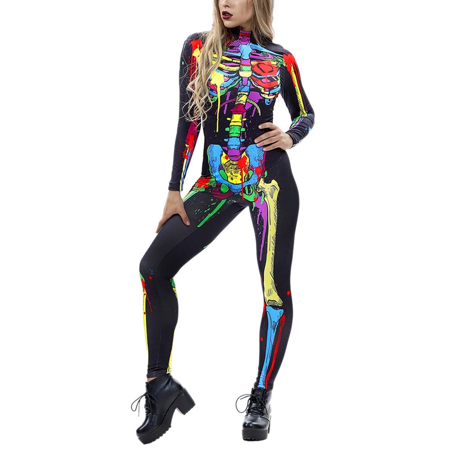 Womens Halloween Skeleton Print Skinny Jumpsuit Stretch Cosplay (image 3)