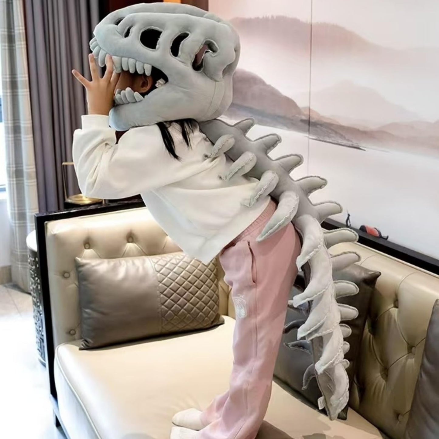3D Wearable Realistic Skeleton Dinosaur Costume, Realistic Dinosaur Skeleton Costume Set Spinosaurus Plush Dino Funny Dino Headgear Hat for Halloween Cosplay Themed Parties