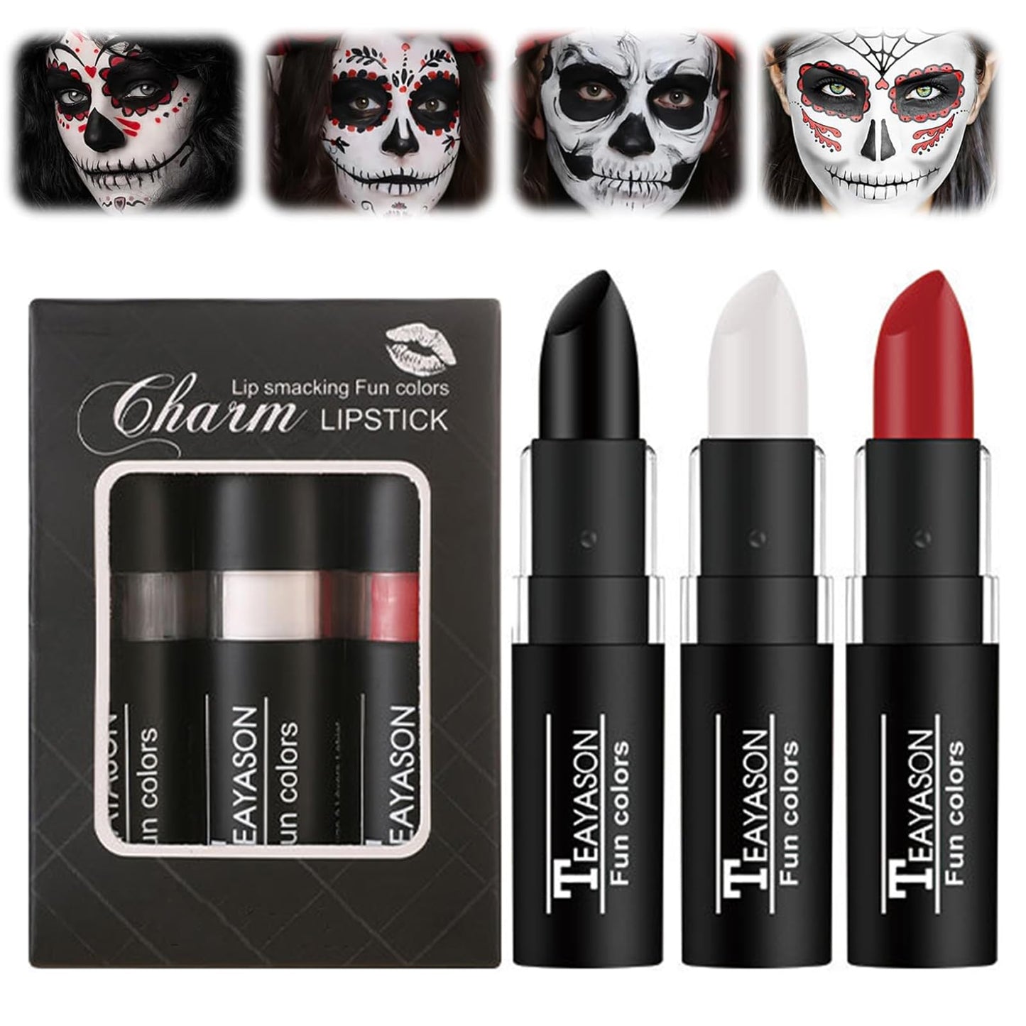 3PCS Halloween Face Painting Kit - Black & White & Red Face Paint Stick Lip Sticks - Waterproof & Durable Face Paint Sticks for Halloween Make Up, Line up, Baseball, Football