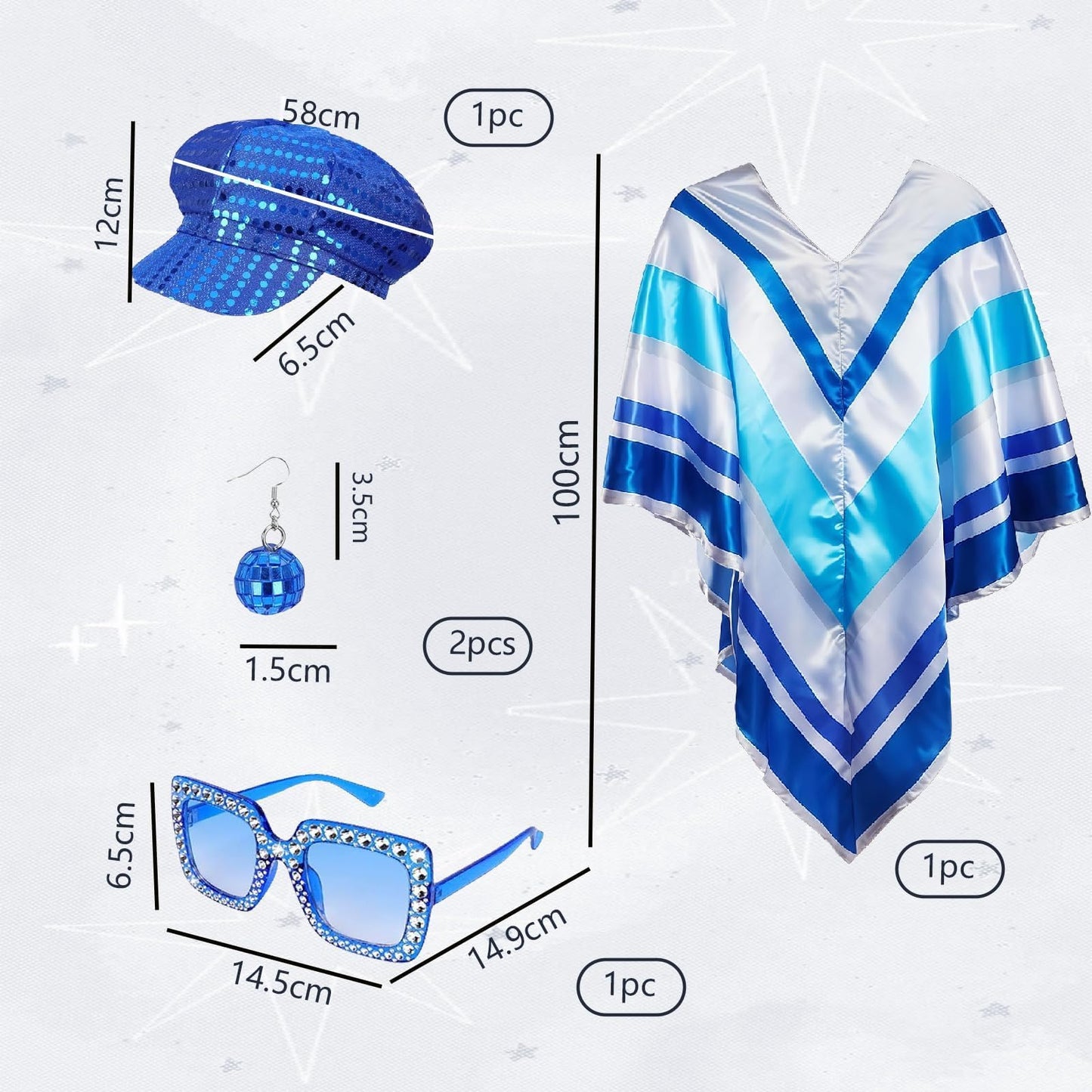 4 PCS Fancy Dress Costumes for Women, 70s Pop Poncho Fancy Dress Women Accessories Disco Costumes, Disco Accessories Sequin Beret Hat Earrings Square Sunglasses for Retro Party 70 Theme Party Dance