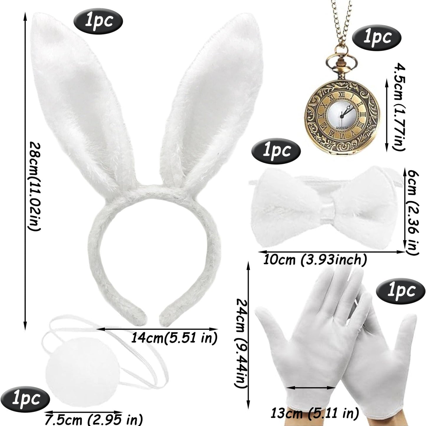 5Pcs White Rabbit Alice in Wonderland Costume Set, White Rabbit Costume, Rabbit Ears Costume for Easter, World Book Day, Halloween Party, Cosplay (White Gloves,Clock,Bow Tie,Bunny Ears and Tail)